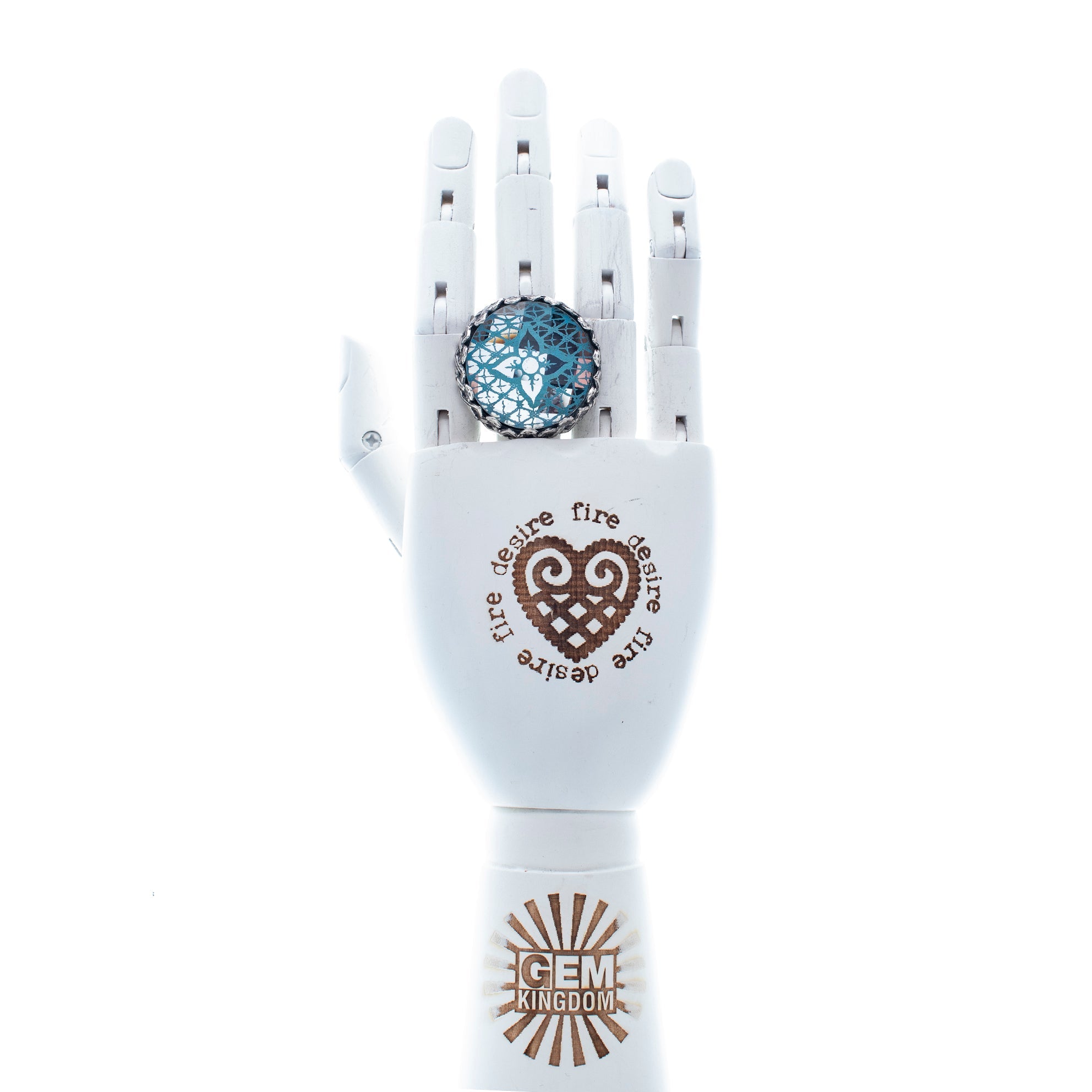 Blue Engraved Mirrored Glass Stone Ring – Sterling Silver – Gem Kingdom