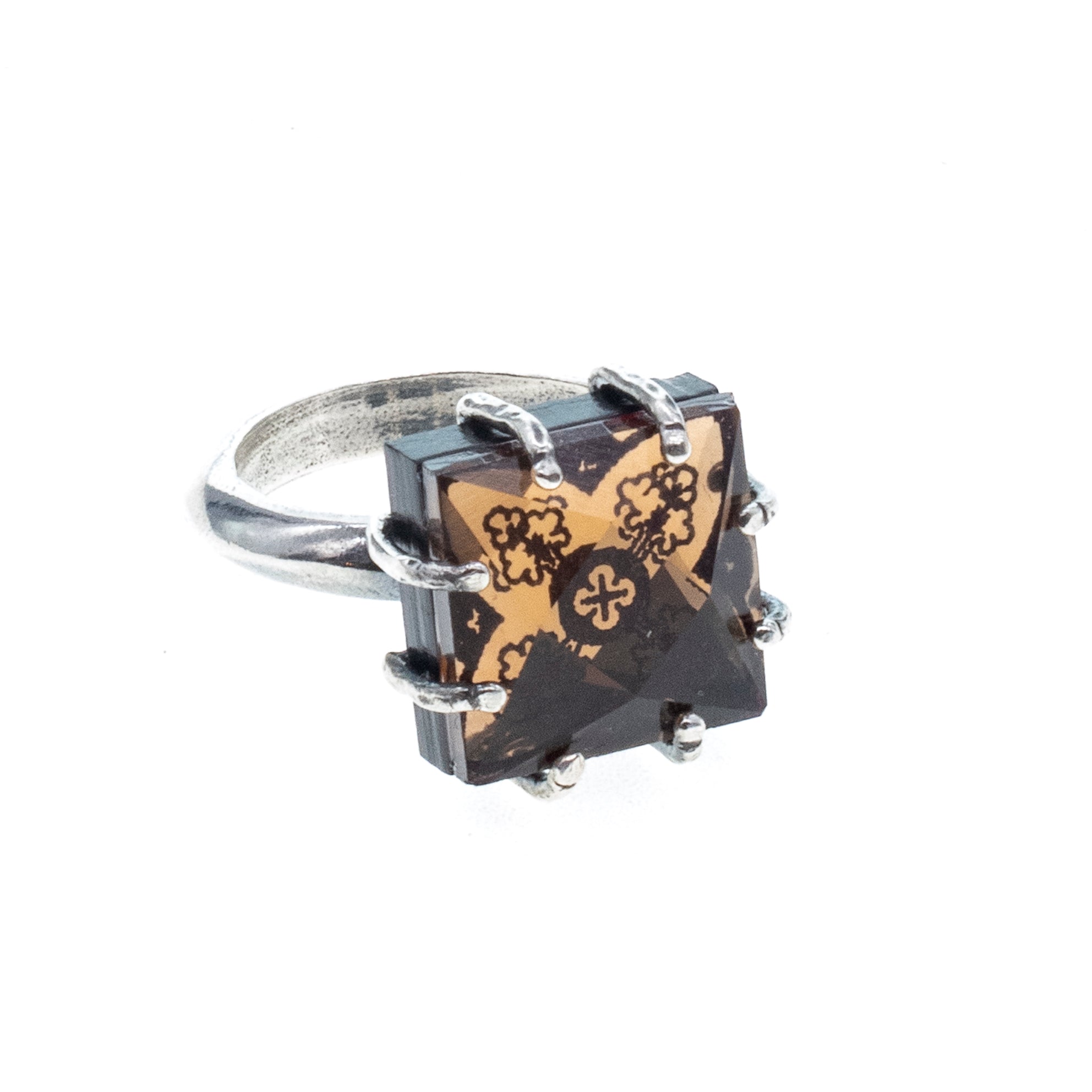 Amber Floral Pattern Ring – Sterling Silver – Gem Kingdom