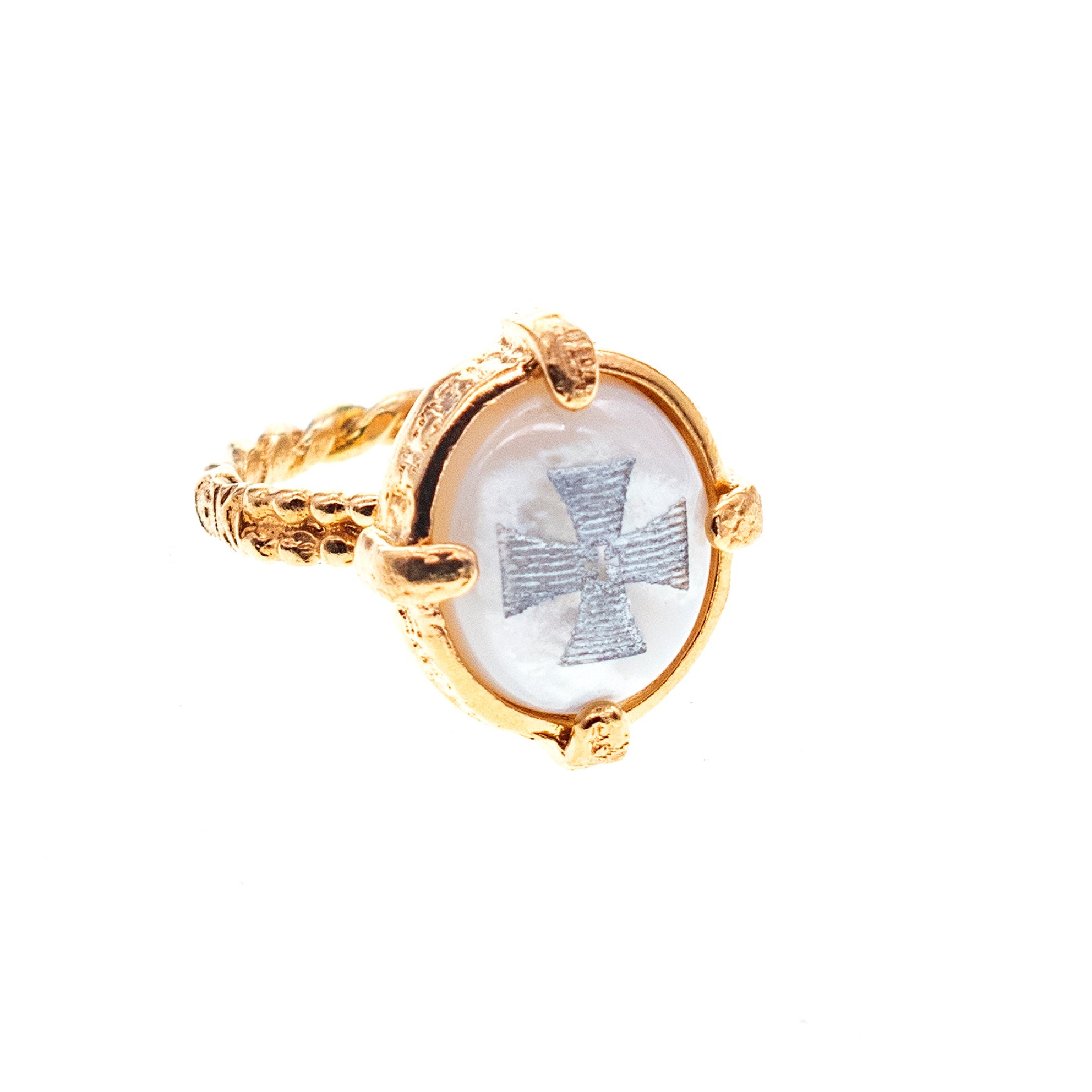 White Mother Of Pearl Maltese Cross Ring – Gold Plated – Gem Kingdom