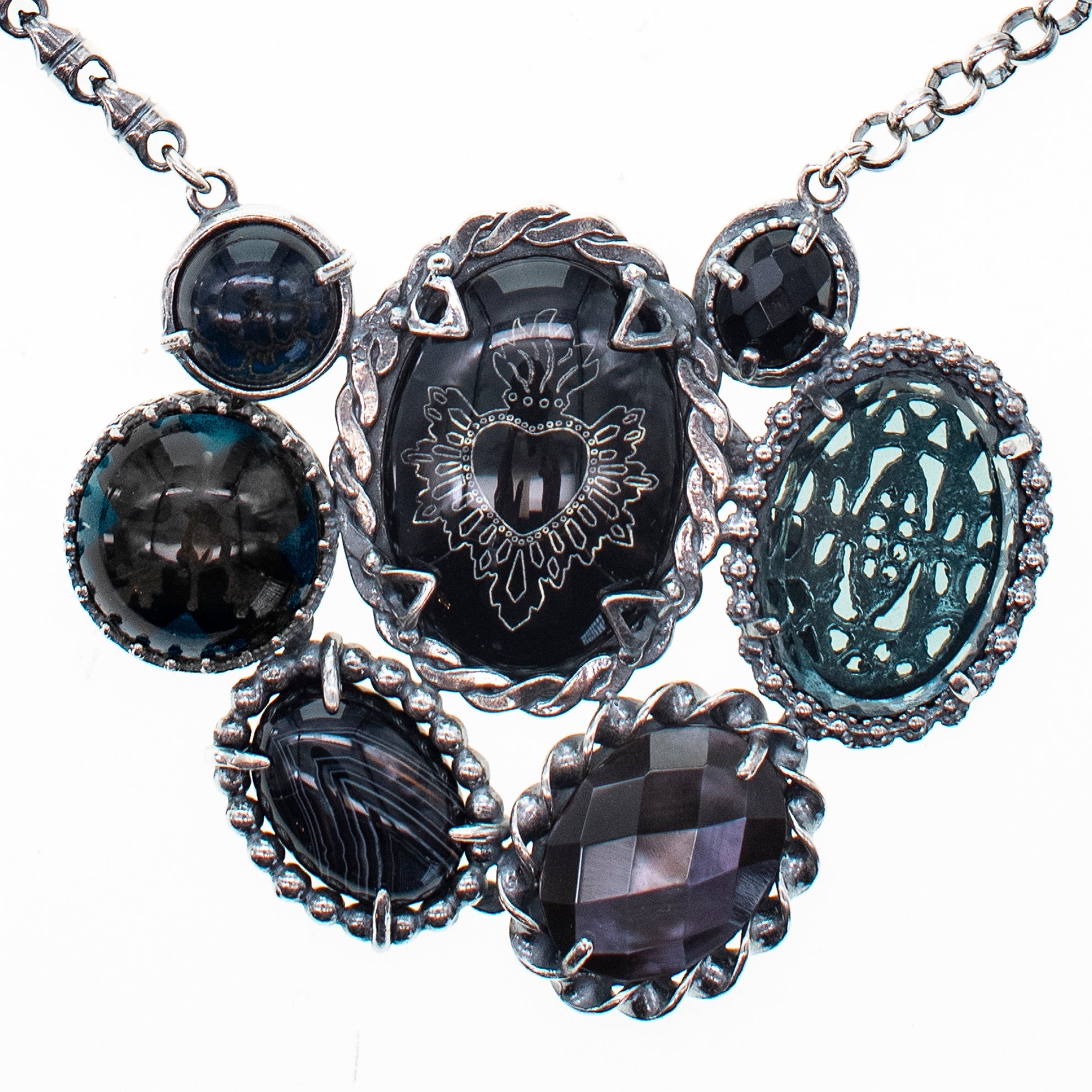Dark Sacred Heart Cluster Necklace – Sterling Silver – Gem Kingdom