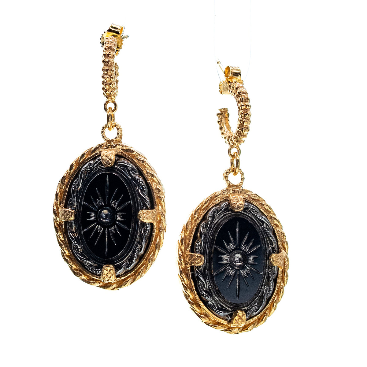 Black Vintage Glass Oval Drop Earrings – Gold Plated – Gem Kingdom