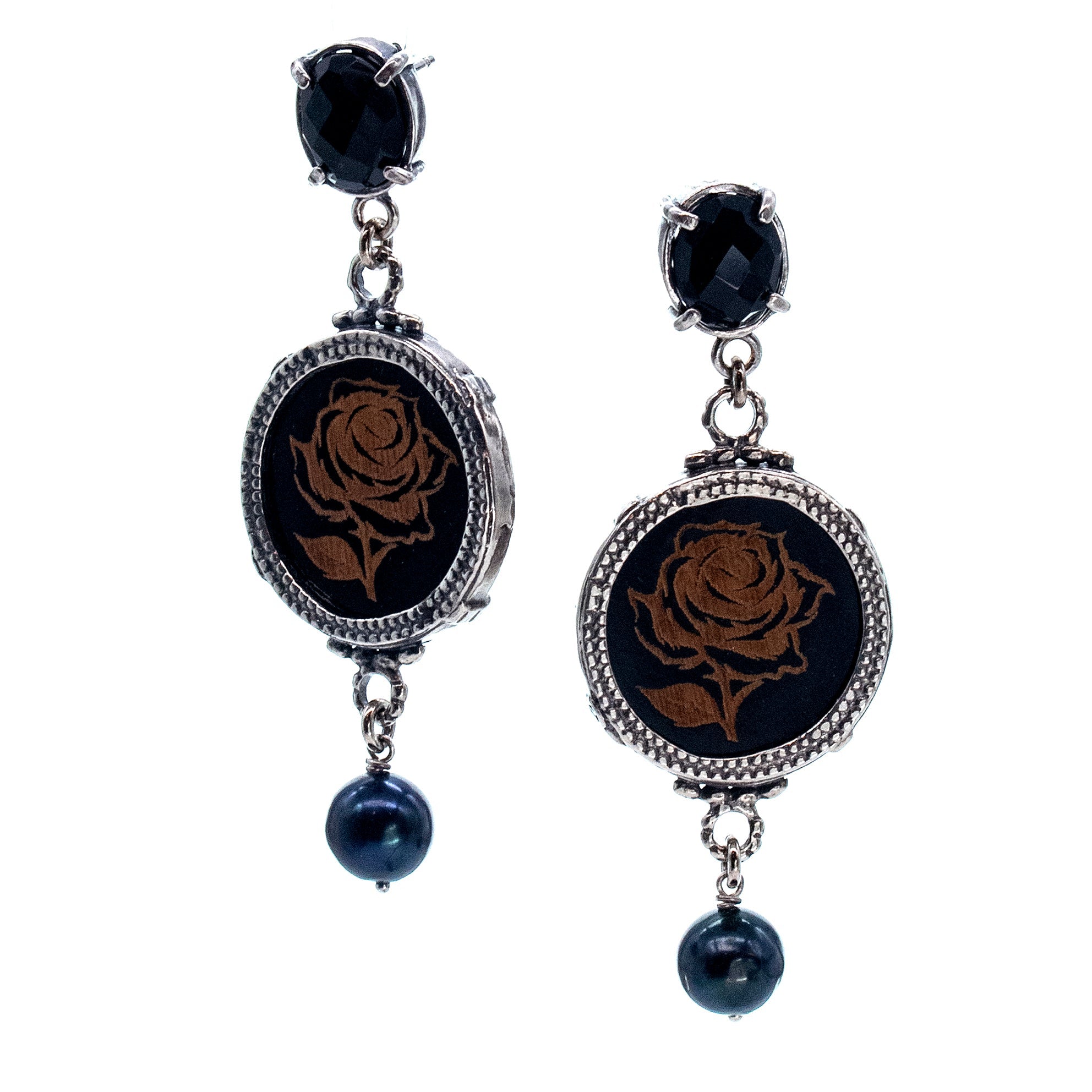 Rose Earrings Black – Sterling Silver – Gem Kingdom
