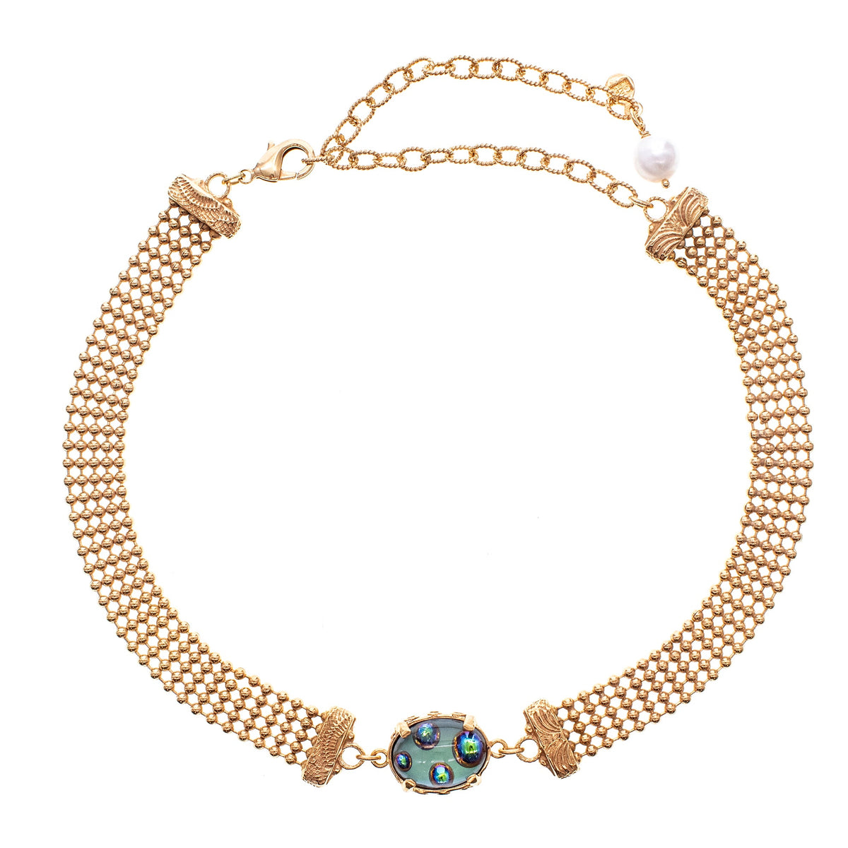 Mesh Choker Vintage Groen Glas – Verguld – Gem Kingdom