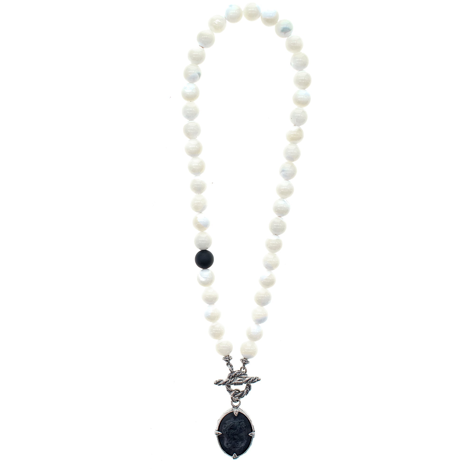 Black Cameo And White Beaded Necklace – Sterling Silver – Gem Kingdom