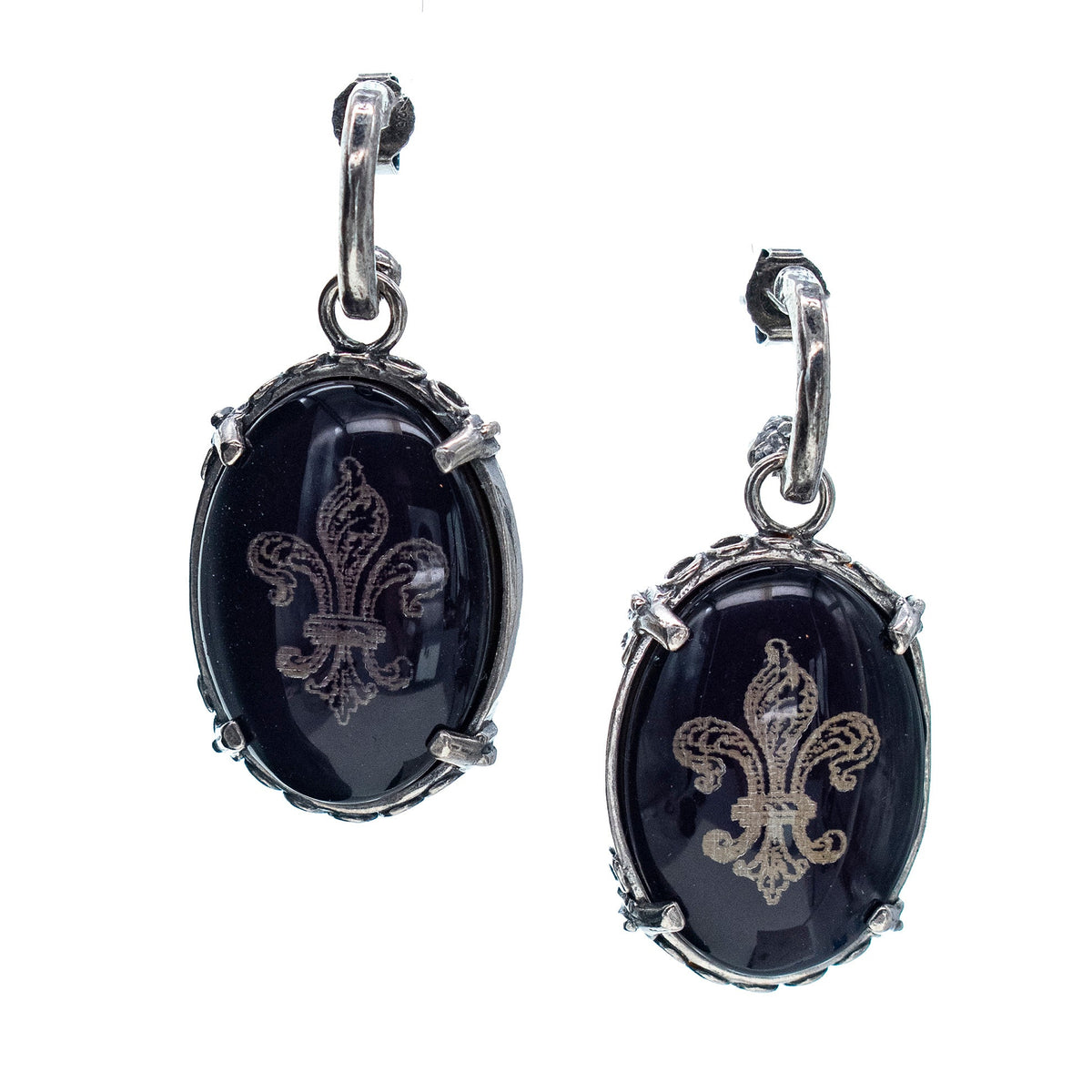 Back to the Future Fleur-de-Lis Earrings Black – Sterling Silver – Gem Kingdom
