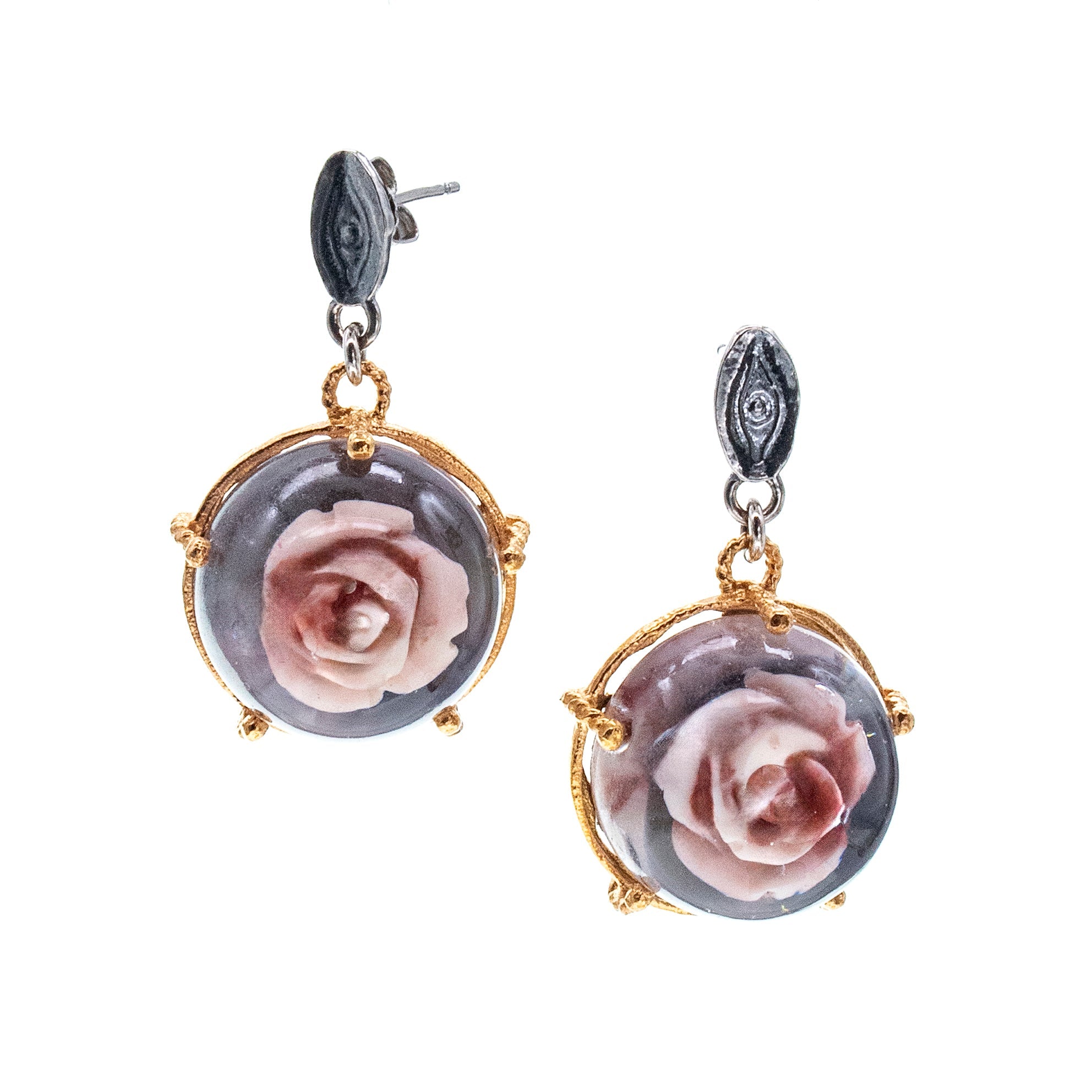 Pink Rose In Resin Drop Gold & Silver Earrings – Sterling Silver & Gold Plated – Gem Kingdom
