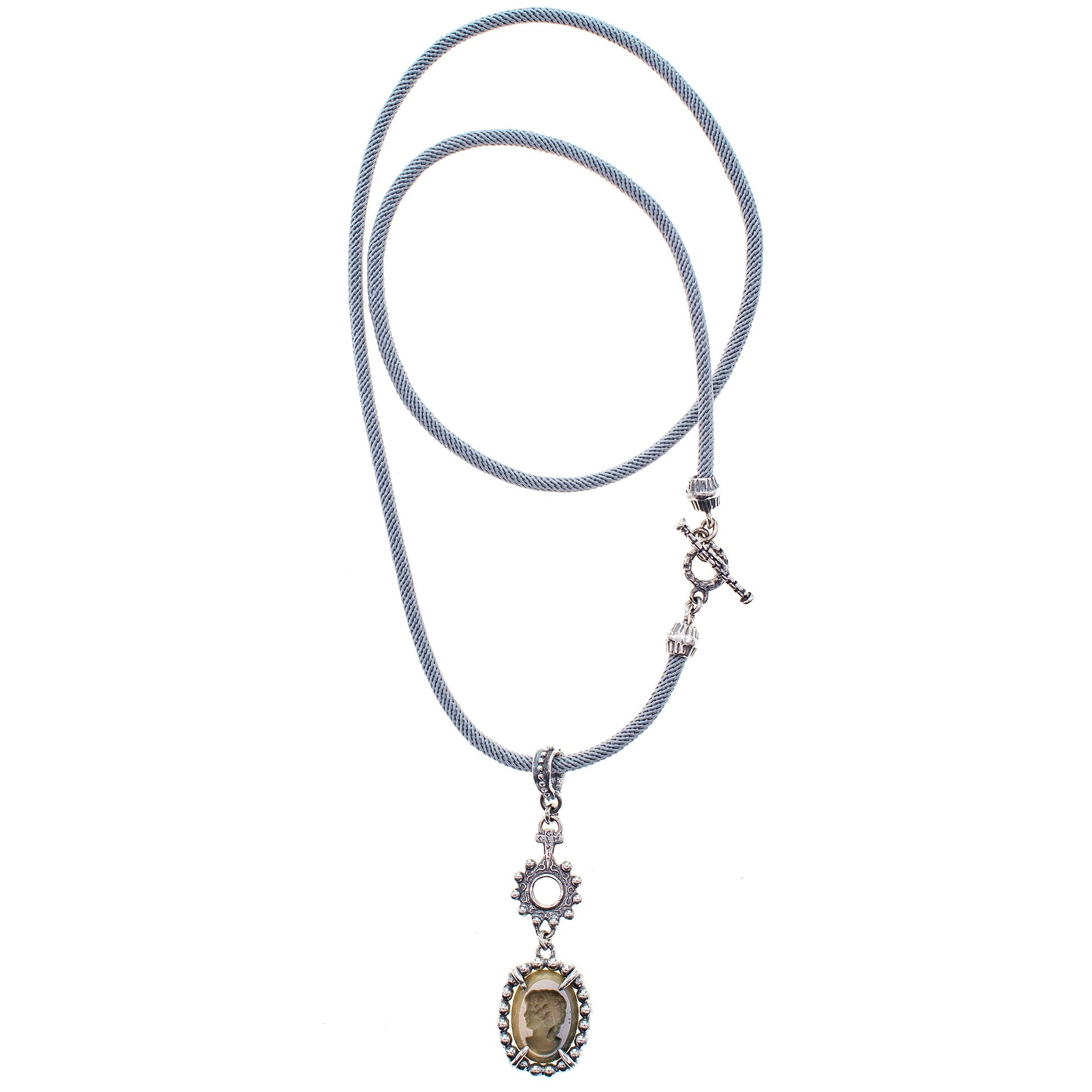 Grey Vintage Cameo Cord Pendant Necklace – Sterling Silver – Gem Kingdom