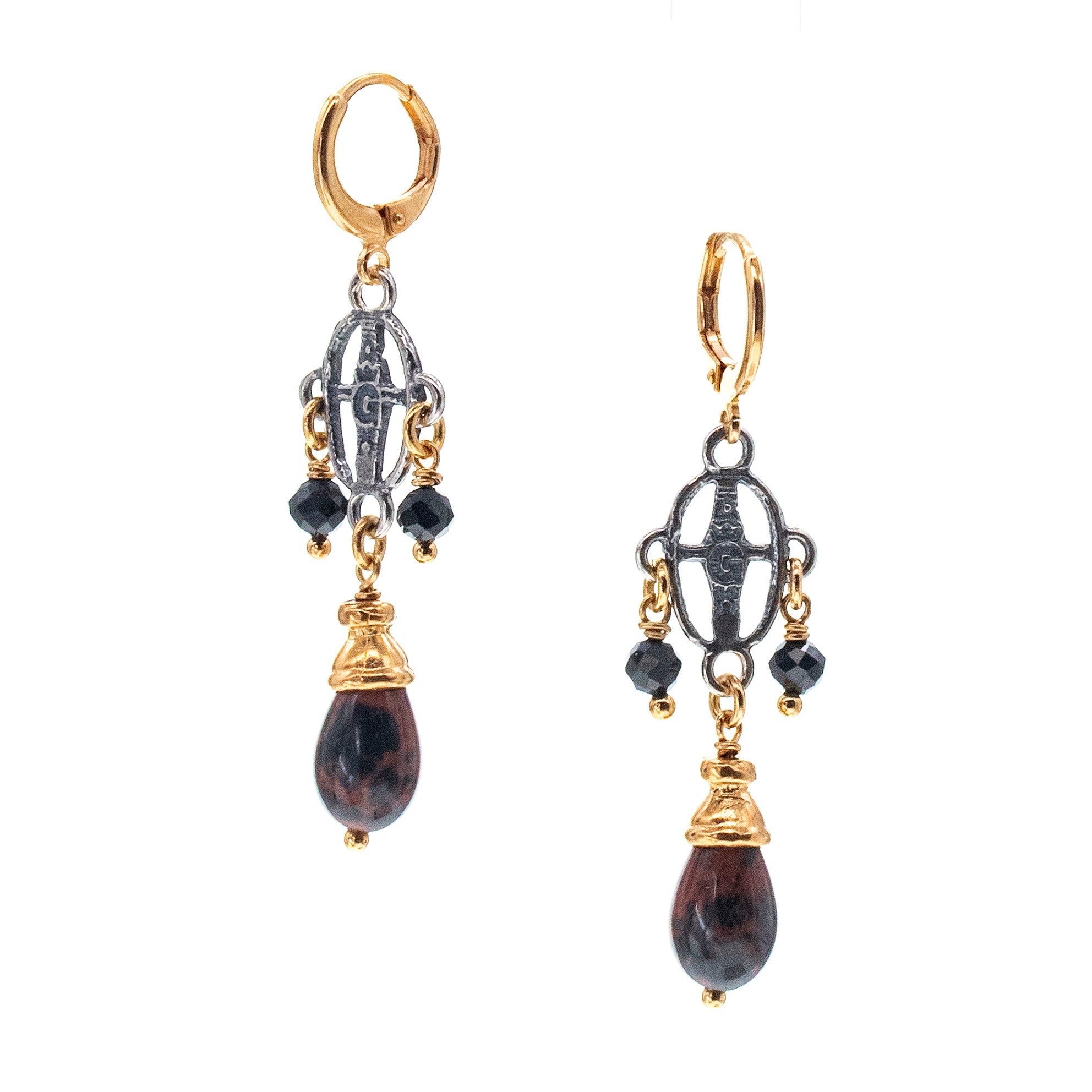 Mahogany Obsidian Hoop Dangle Earrings – Sterling Silver & Gold Plated – Gem Kingdom