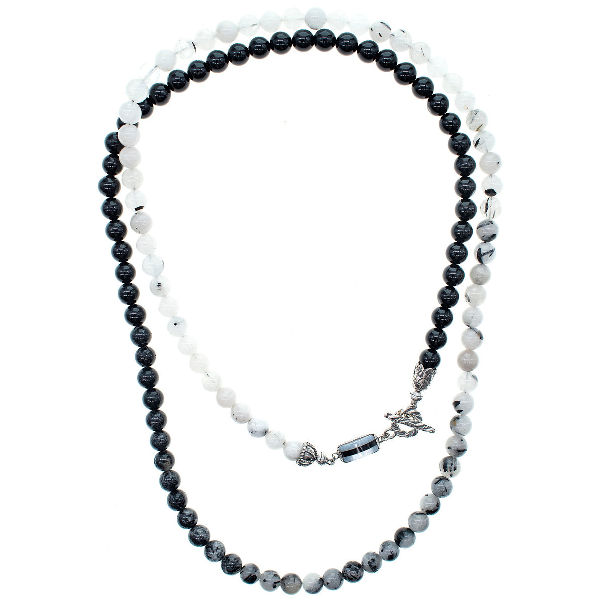 Zwart-Witte Lange Kralenketting – Sterling Zilver – Gem Kingdom