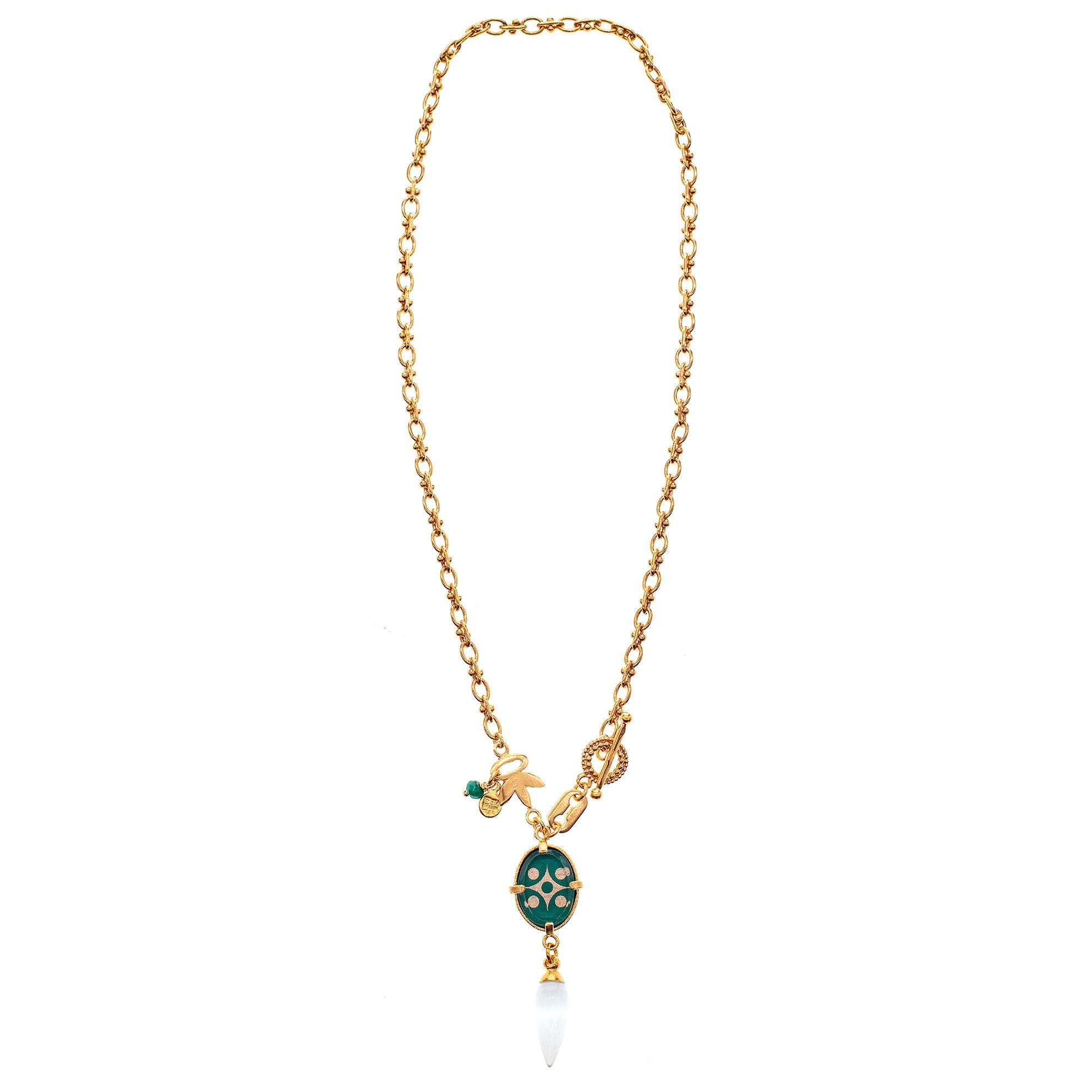Green Intaglio Pendant Textured Link Necklace – Gold Plated – Gem Kingdom
