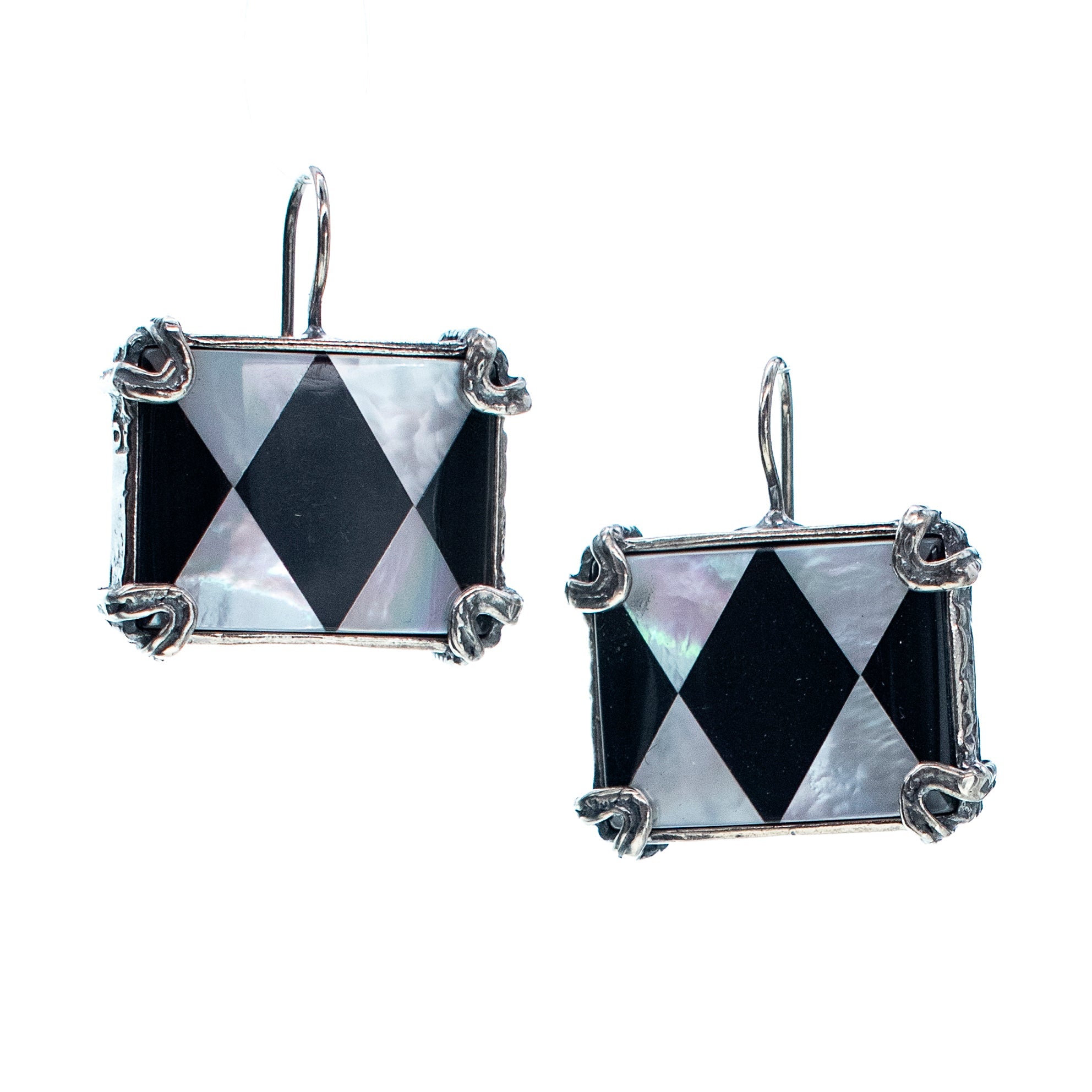 Black And White Diamond Pattern Earrings – Sterling Silver – Gem Kingdom