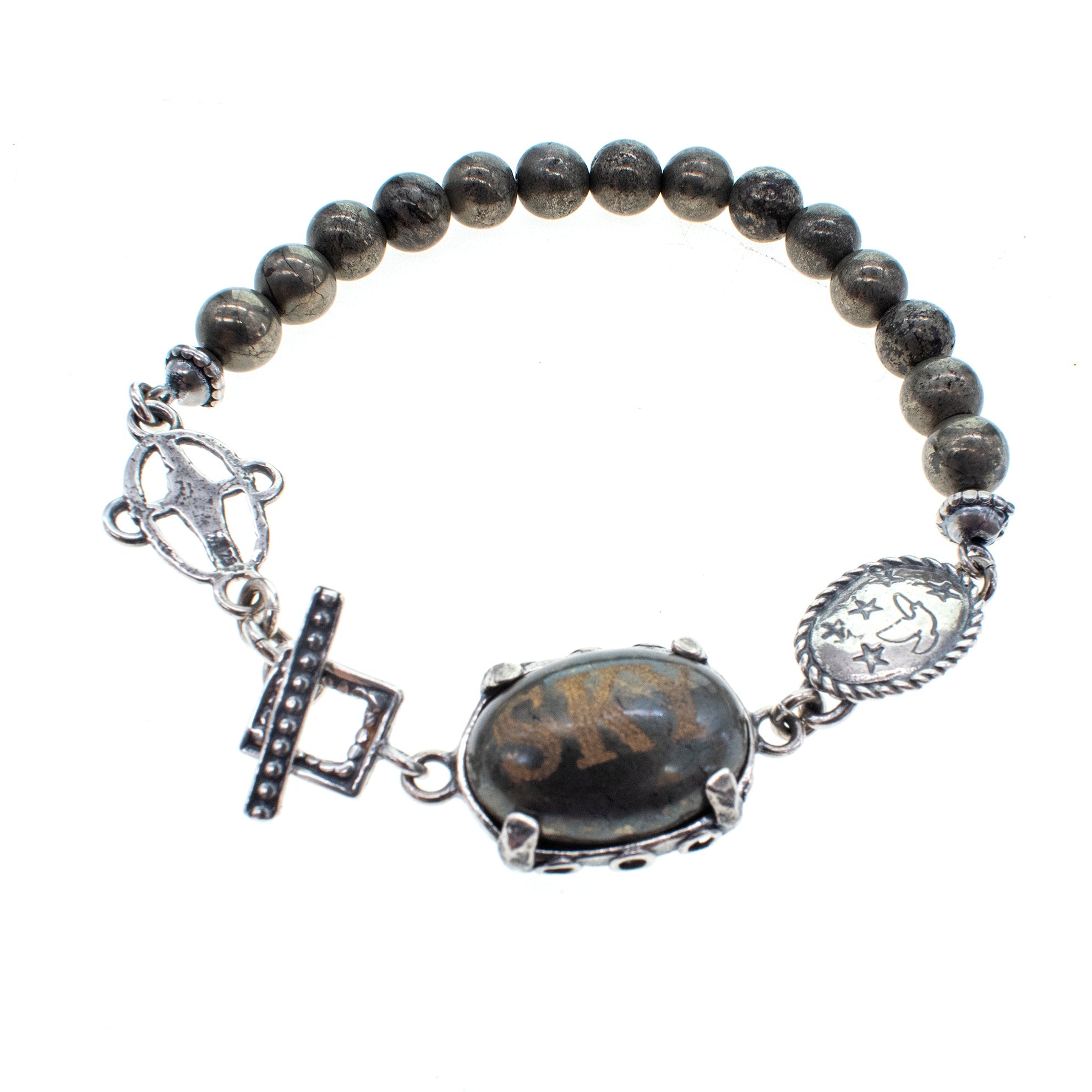 Engraved Pyrite Sky Beaded Bracelet – Sterling Silver – Gem Kingdom