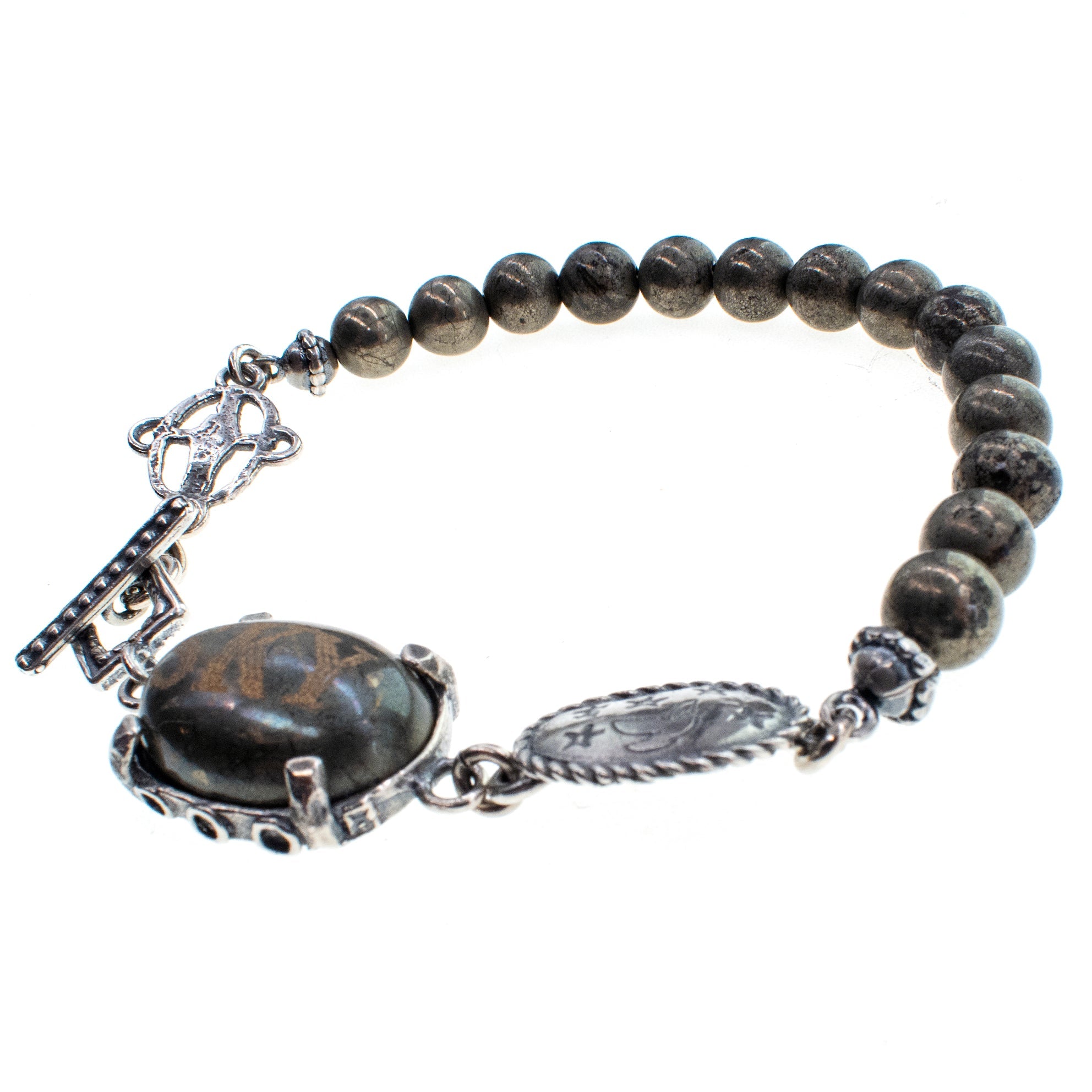 Engraved Pyrite Sky Beaded Bracelet – Sterling Silver – Gem Kingdom