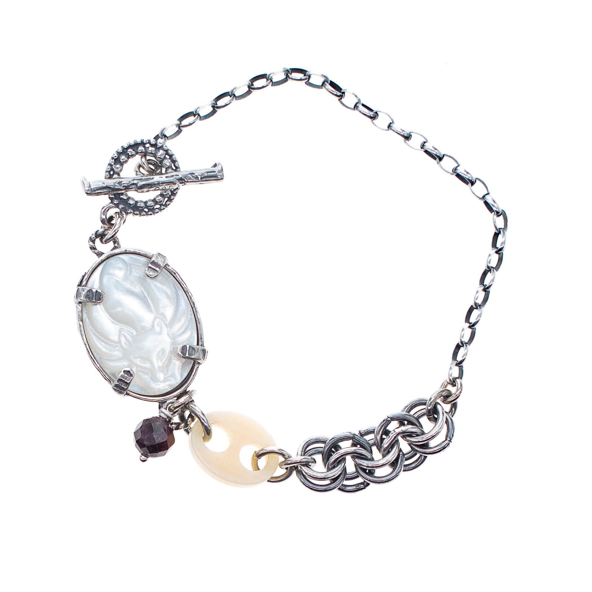 White Mother Of Pearl Cameo Fox Bracelet – Sterling Silver – Gem Kingdom