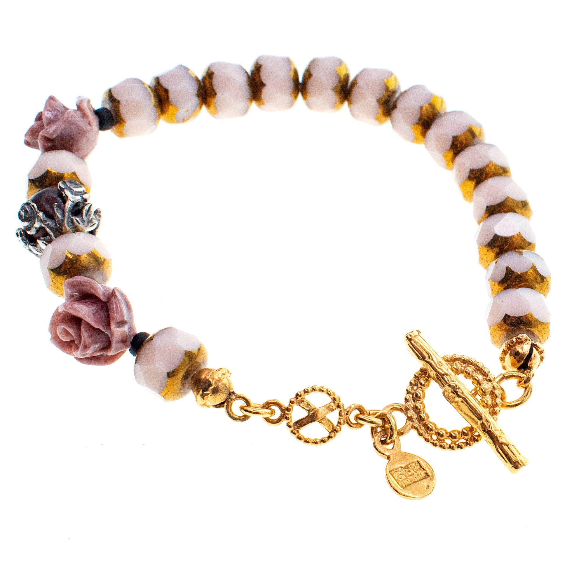 Vintage Glass & Pink Rose Bracelet – Gold Plated – Gem Kingdom