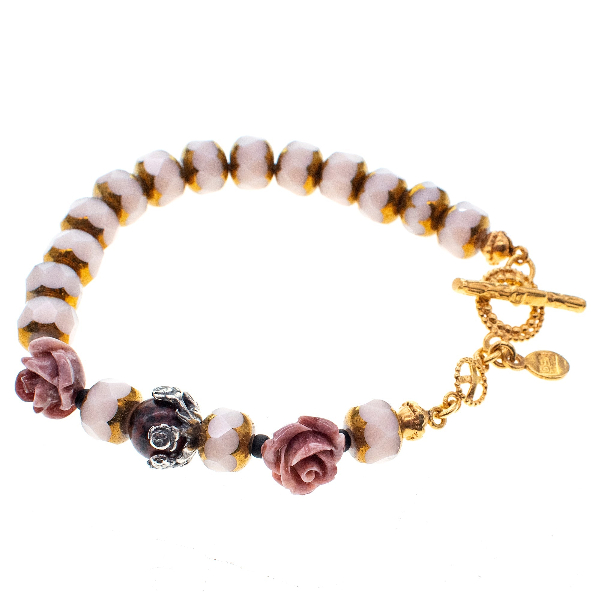 Vintage Glass & Pink Rose Bracelet – Gold Plated – Gem Kingdom