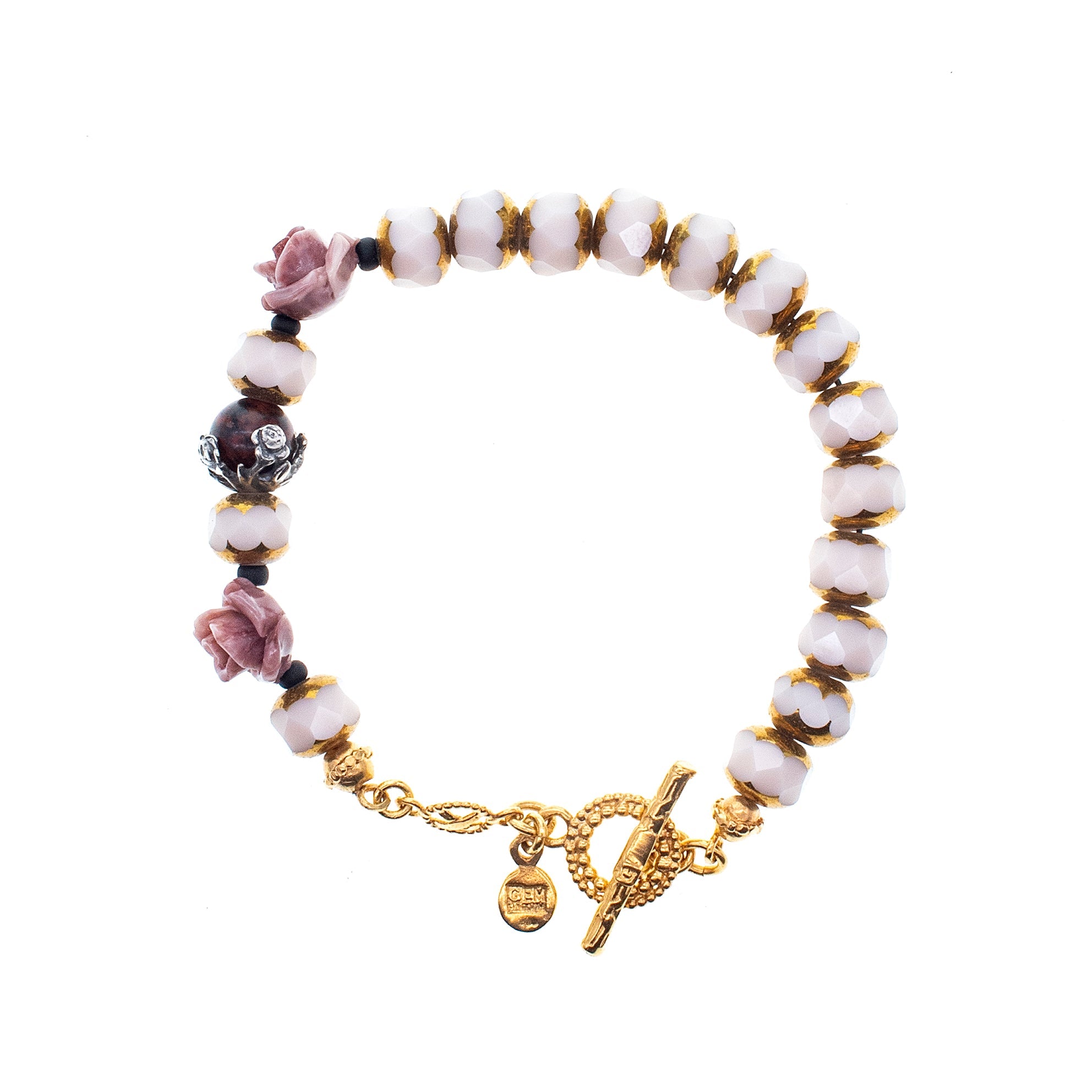 Vintage Glass & Pink Rose Bracelet – Gold Plated – Gem Kingdom
