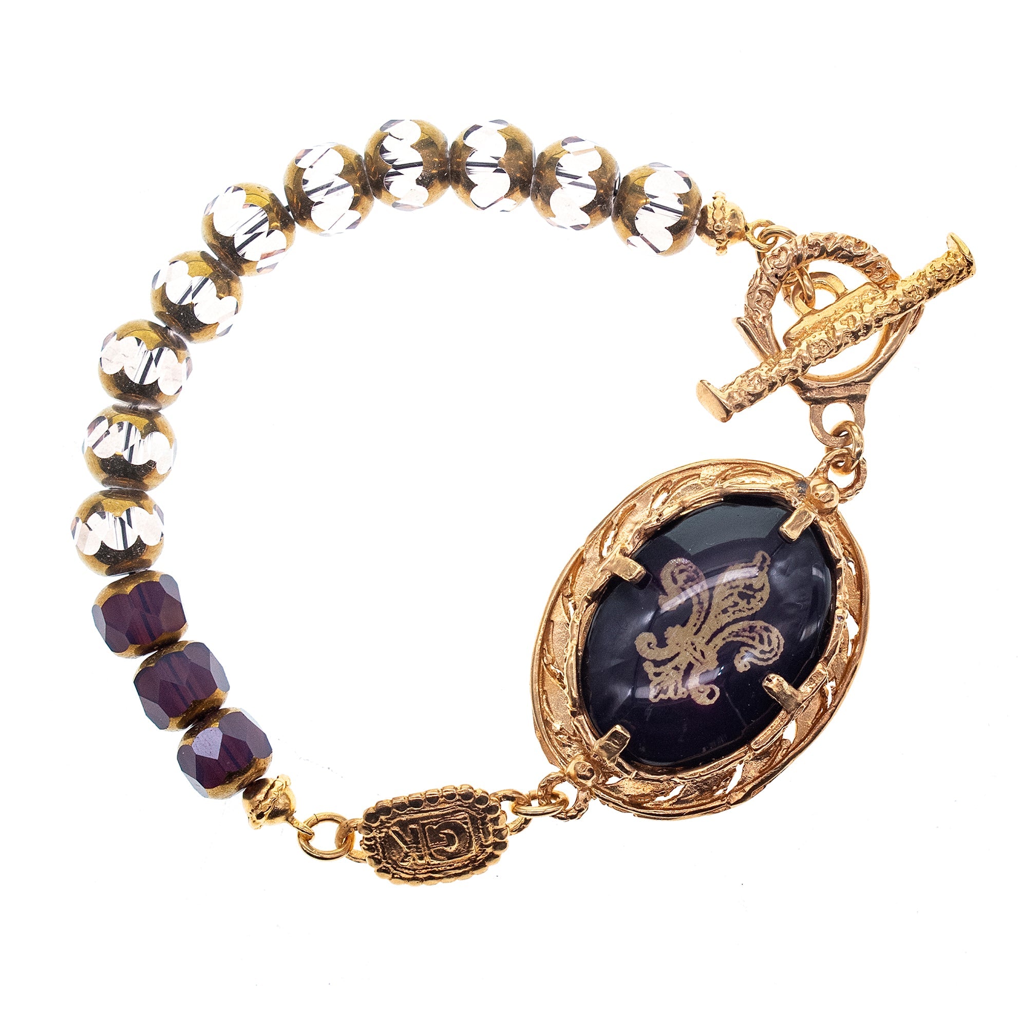 Fleur-De-Lis Vintage Glass Beaded Bracelet – Gold Plated – Gem Kingdom