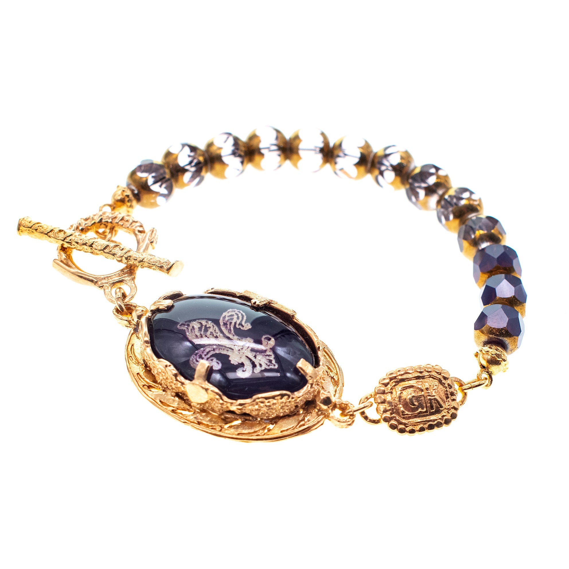 Fleur-De-Lis Vintage Glass Beaded Bracelet – Gold Plated – Gem Kingdom