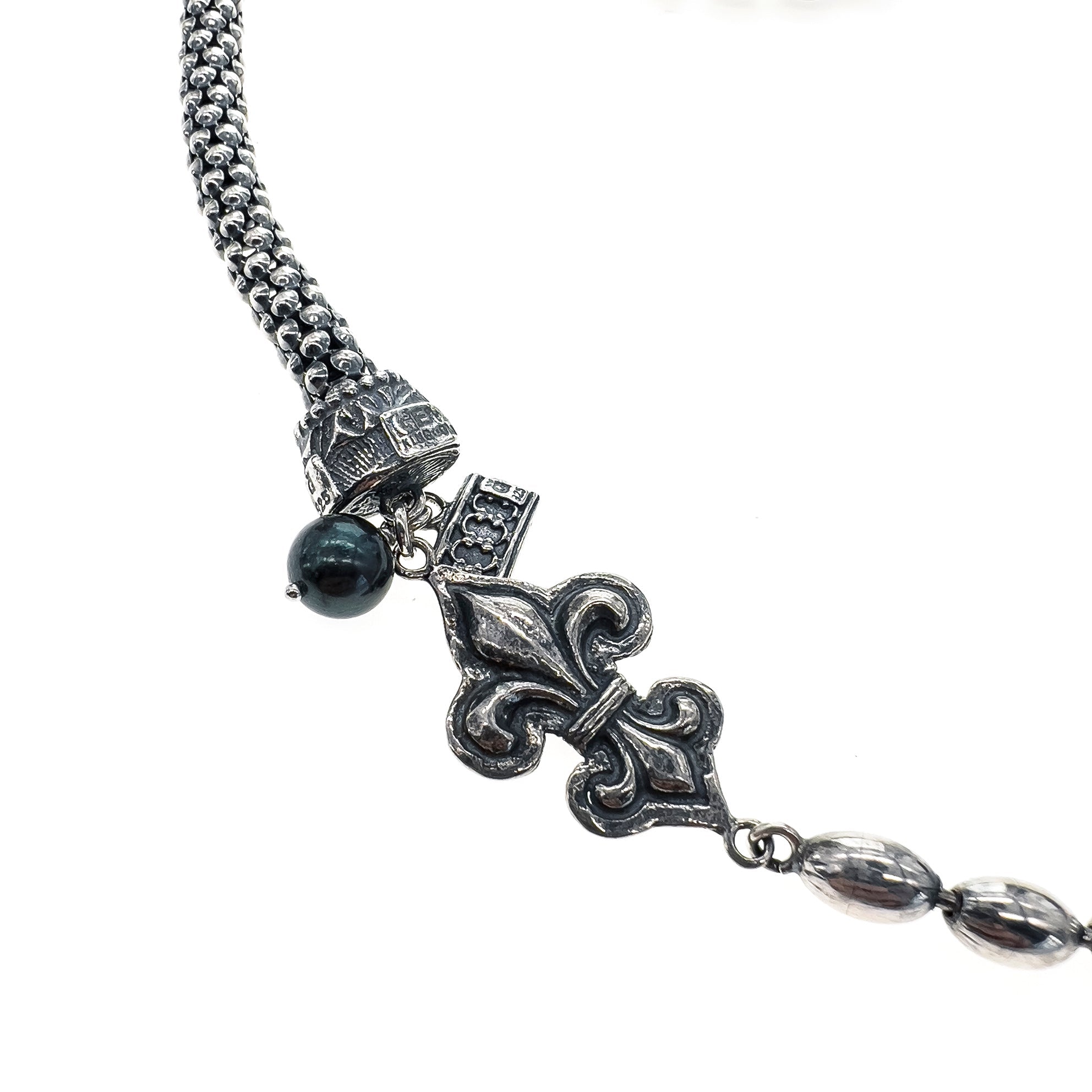 Fleur De Lis Black Pearl Necklace – Sterling Silver – Gem Kingdom