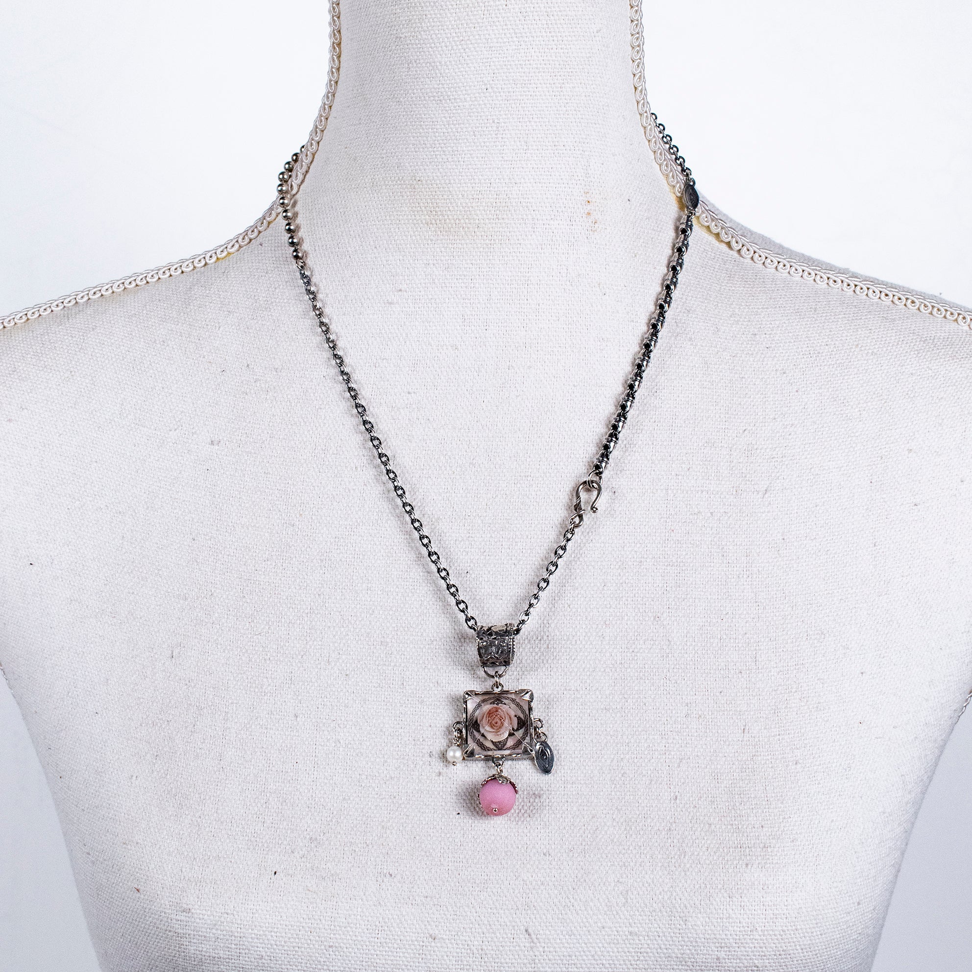 Pyramid Pink Rose Resin Pendant – Sterling Silver – Gem Kingdom
