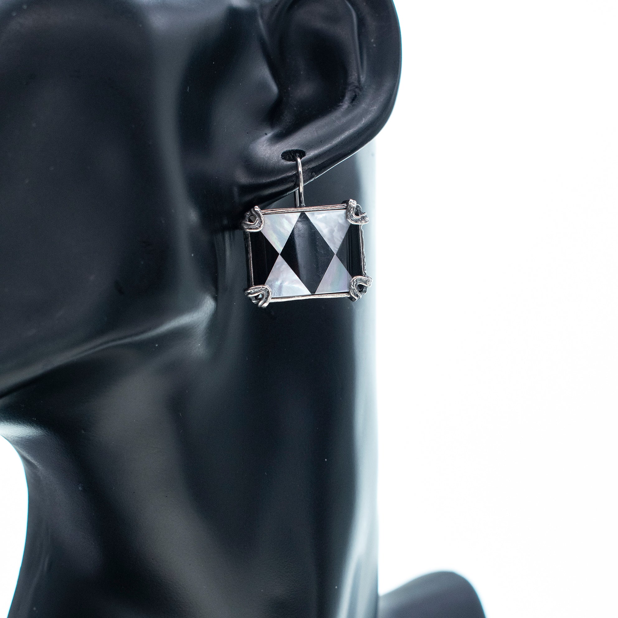 Black And White Diamond Pattern Earrings – Sterling Silver – Gem Kingdom