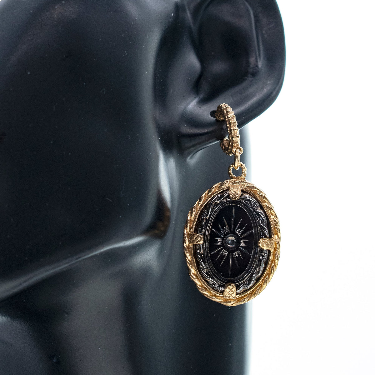 Black Vintage Glass Oval Drop Earrings – Gold Plated – Gem Kingdom