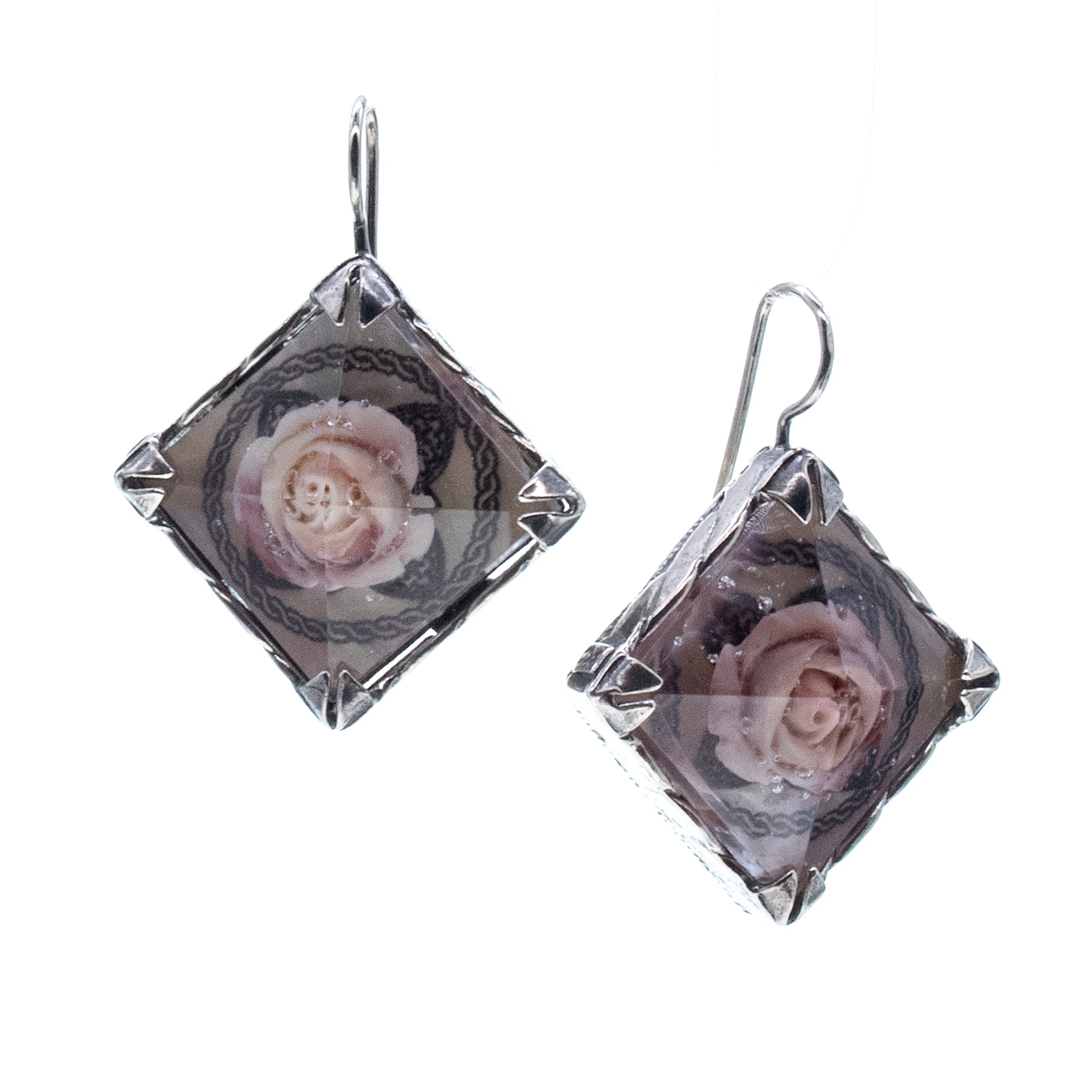 Rose In Pyramid Resin Earrings – Sterling Silver – Gem Kingdom