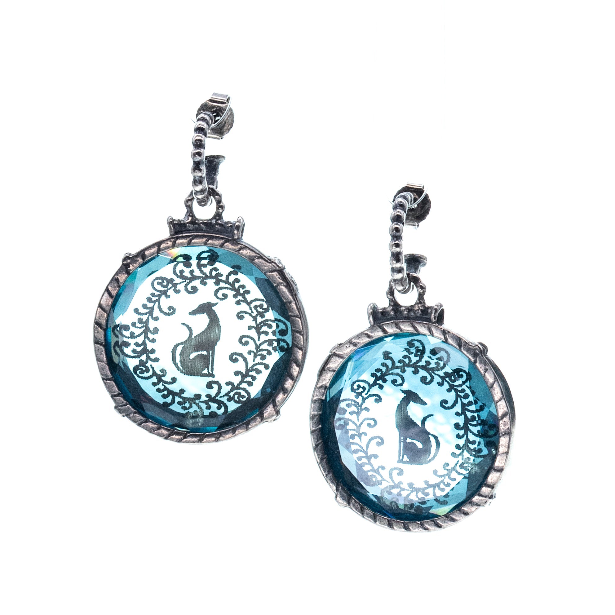 Greyhound Intaglio Blue Glass Crystal Earrings – Sterling Silver – Gem Kingdom