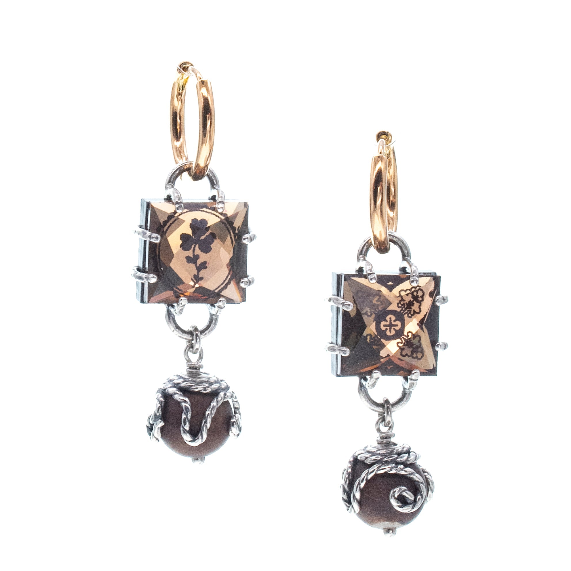 Intaglio Brown Crystal & Mashan Jade Hoop Earrings – Sterling Silver – Gem Kingdom