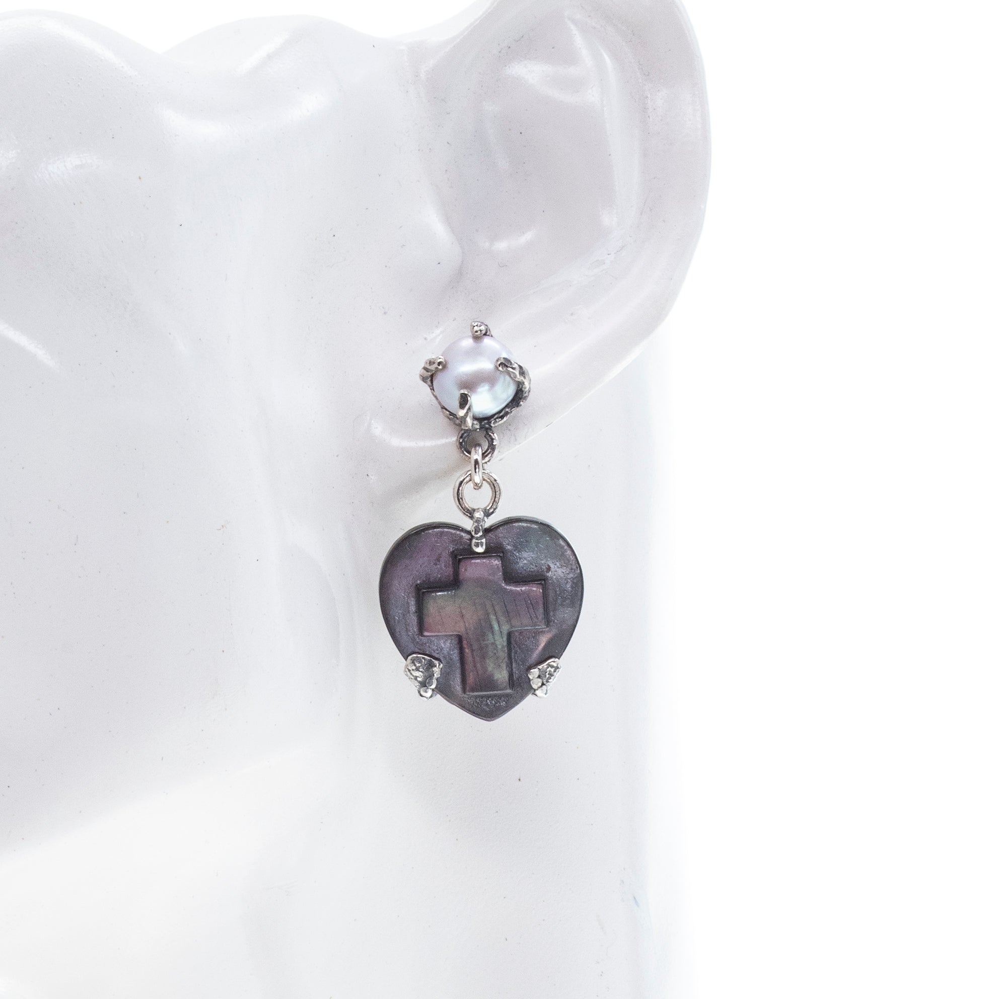 Black Heart & Cross Mother Of Pearl Drop Earrings – Sterling Silver – Gem Kingdom
