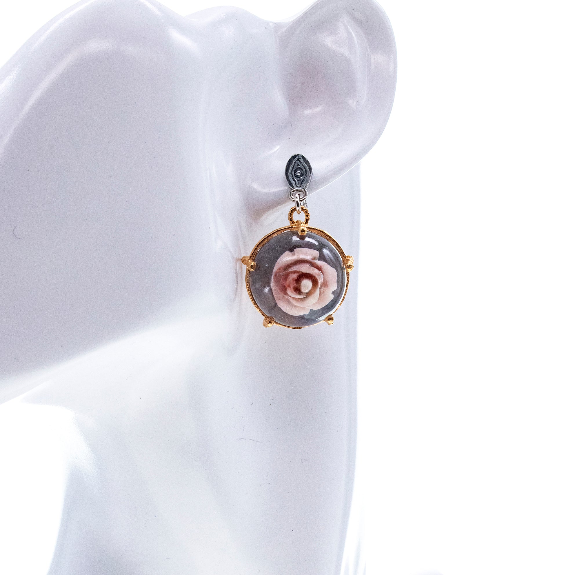 Pink Rose In Resin Drop Gold & Silver Earrings – Sterling Silver & Gold Plated – Gem Kingdom