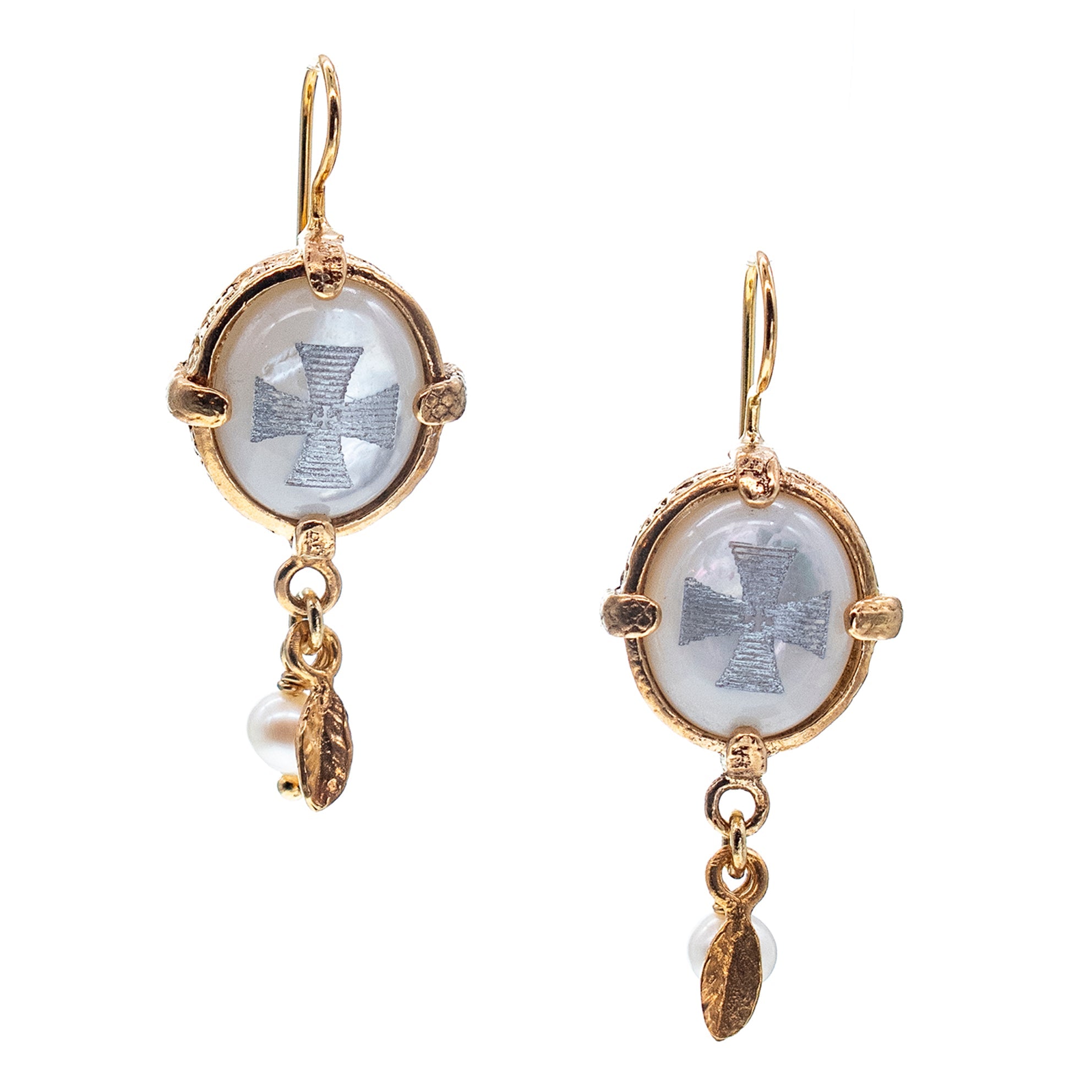 White Mother Of Pearl Maltese Cross Earrings – Gold Plated – Gem Kingdom