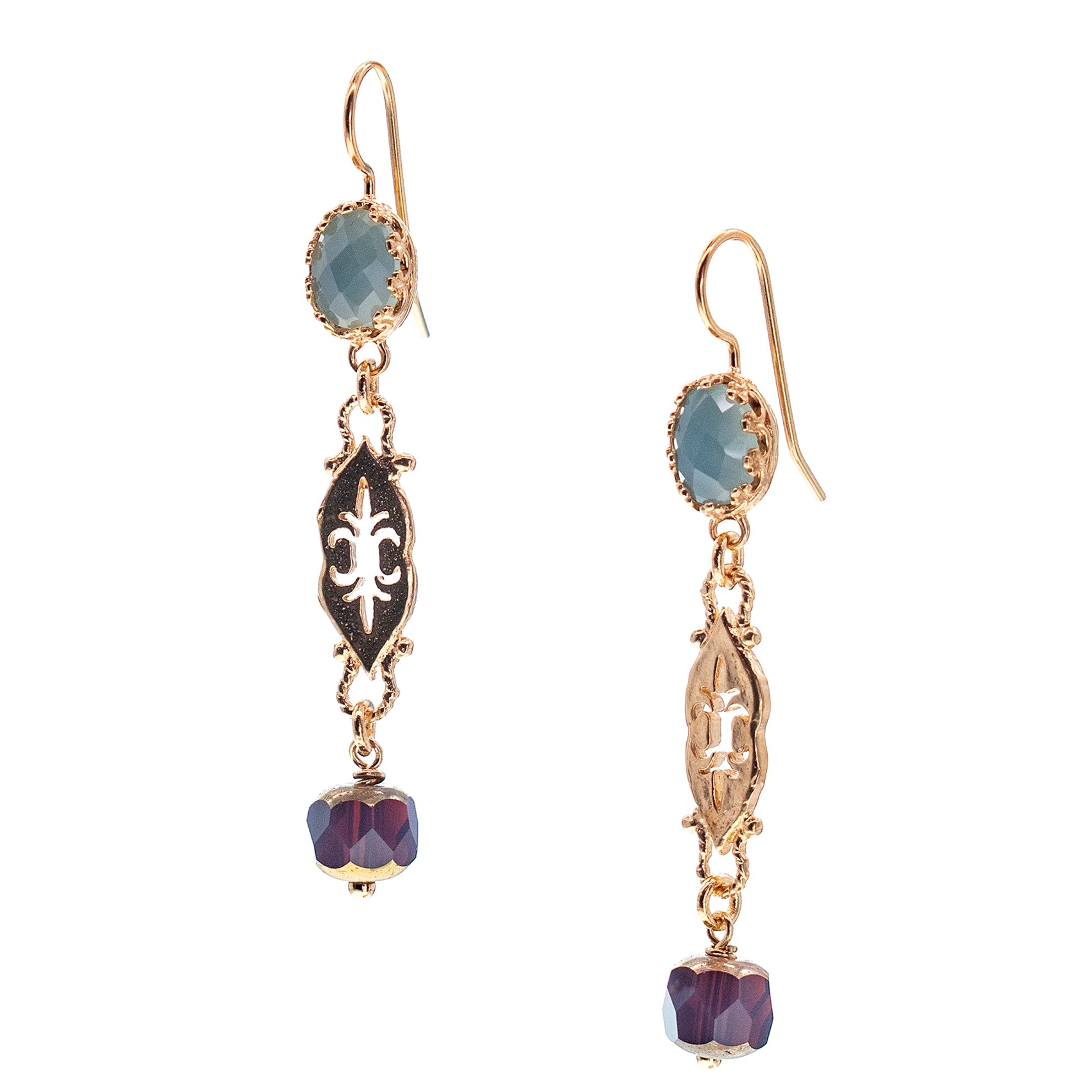 Aqua Onyx & Vintage Filigree Earrings – Gold Plated – Gem Kingdom
