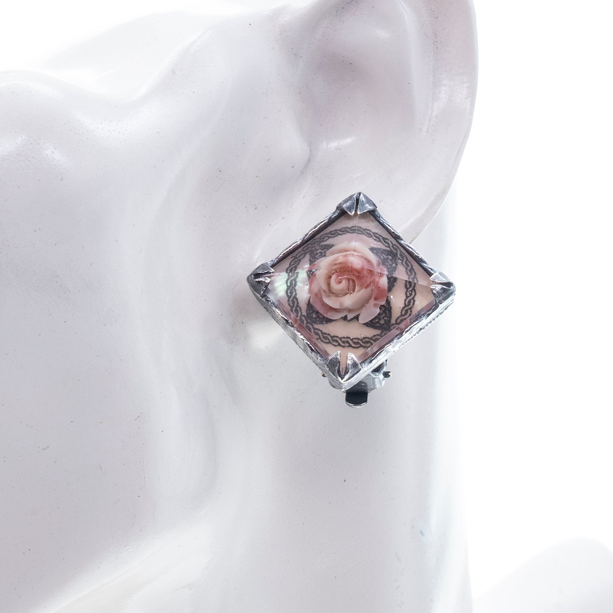 Pyramid Resin Pink Rose Ear Clips – Sterling Silver – Gem Kingdom