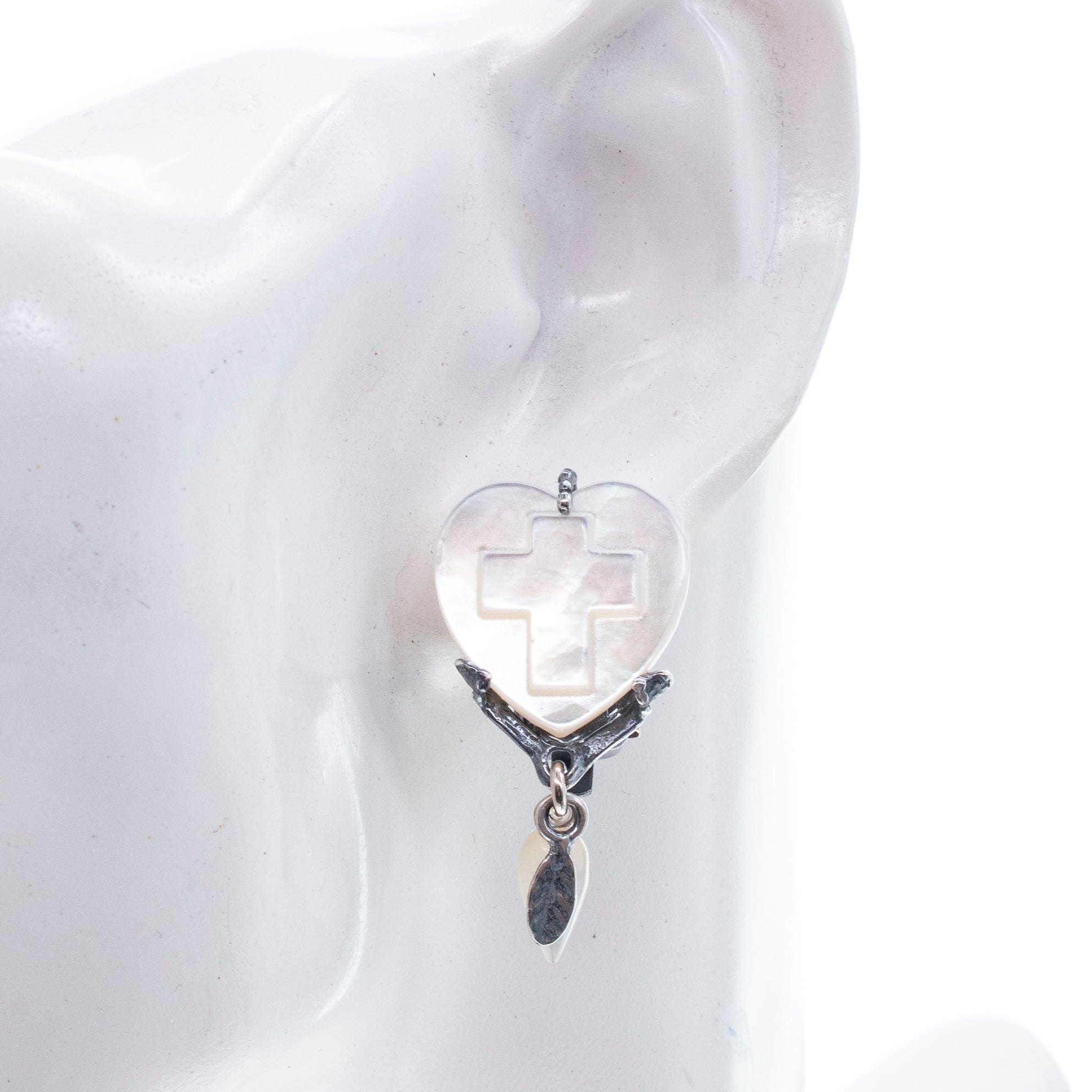 White Mother Of Pearl Heart & Cross Ear Clips – Sterling Silver – Gem Kingdom