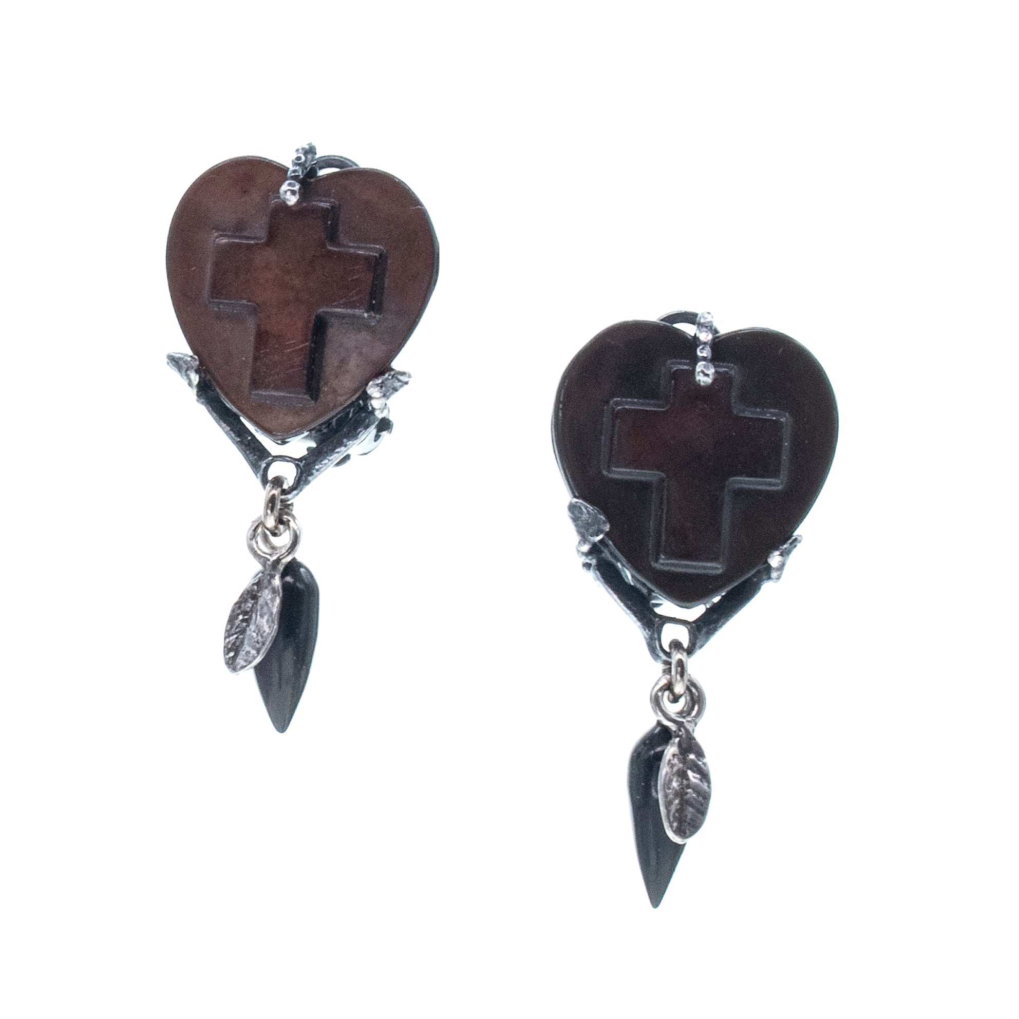 Black Mother Of Pearl Heart & Cross Ear Clips – Sterling Silver – Gem Kingdom