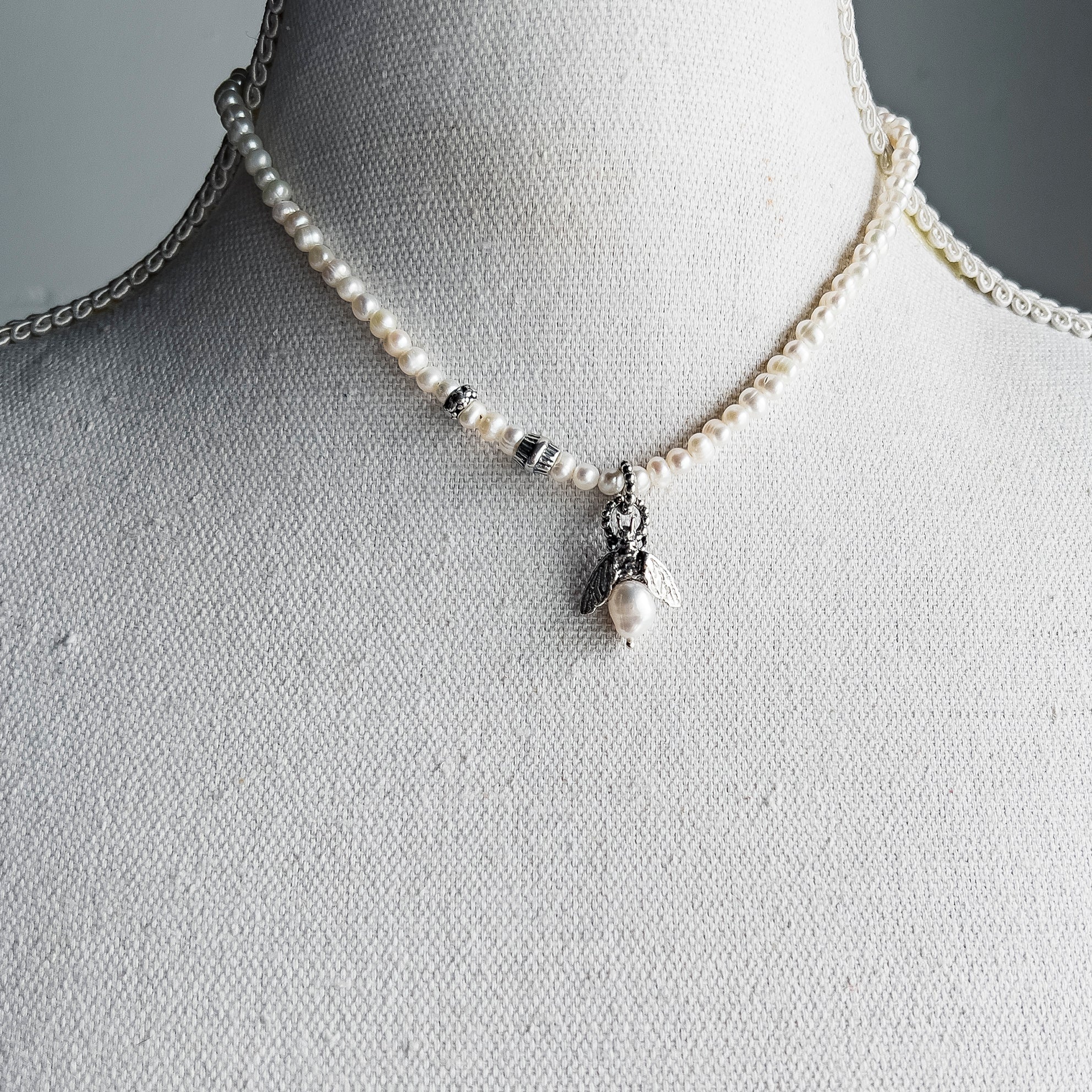 Bee My Honey White Pearl Necklace – Sterling Silver – Gem Kingdom