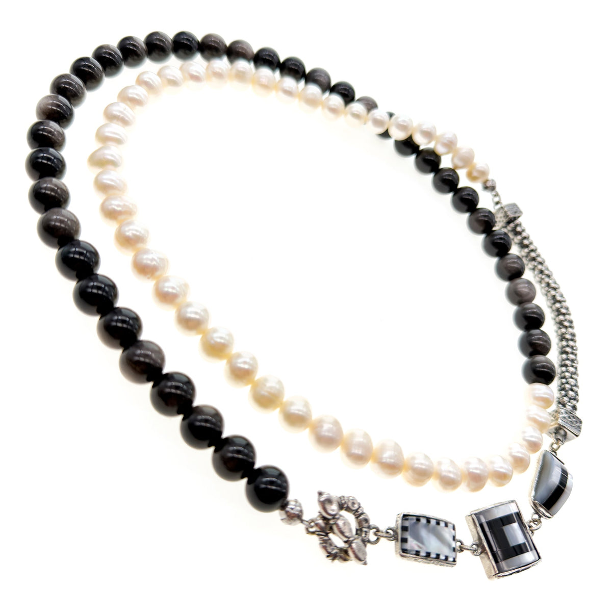 Zwart-Witte Lange Parelketting – Sterling Zilver – Gem Kingdom