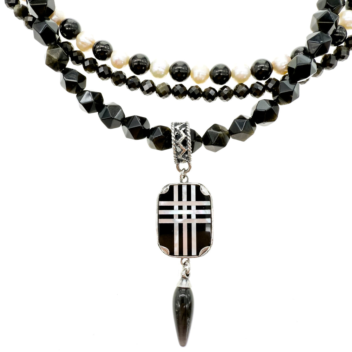 Zwart-Witte Driedubbele Ketting – Sterling Zilver – Gem Kingdom