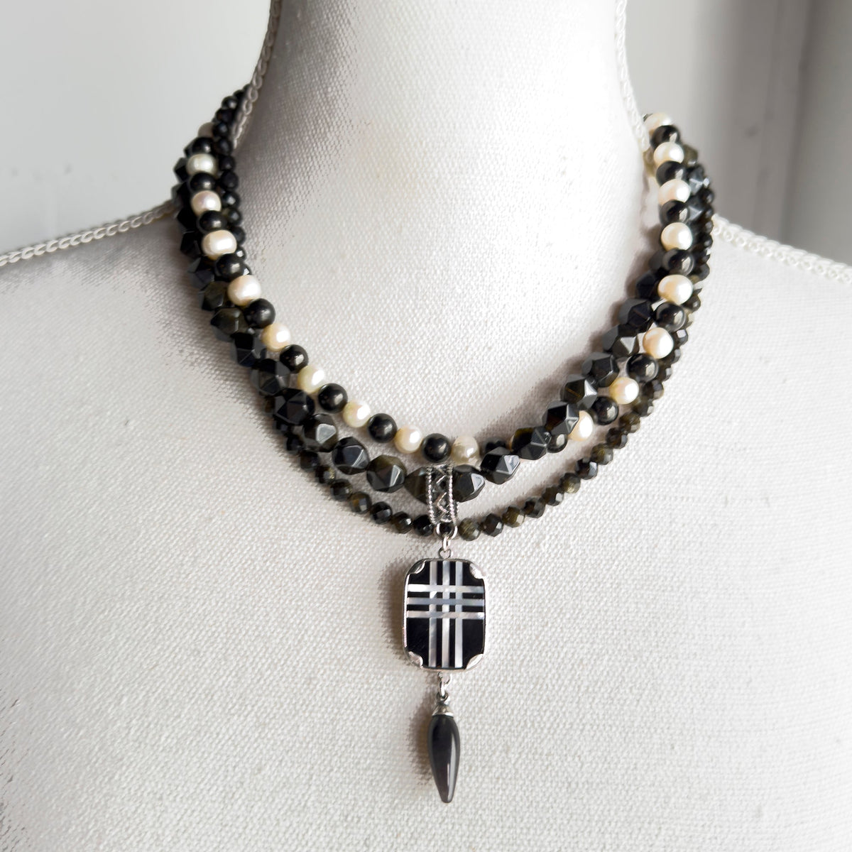 Zwart-Witte Driedubbele Ketting – Sterling Zilver – Gem Kingdom