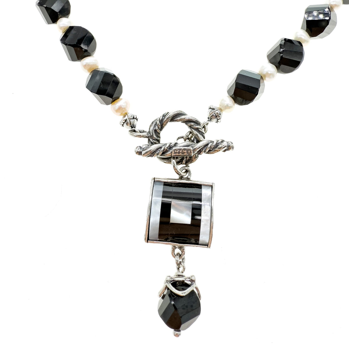 Zwart-Witte Vierkante Inleg Ketting – Sterling Zilver – Gem Kingdom