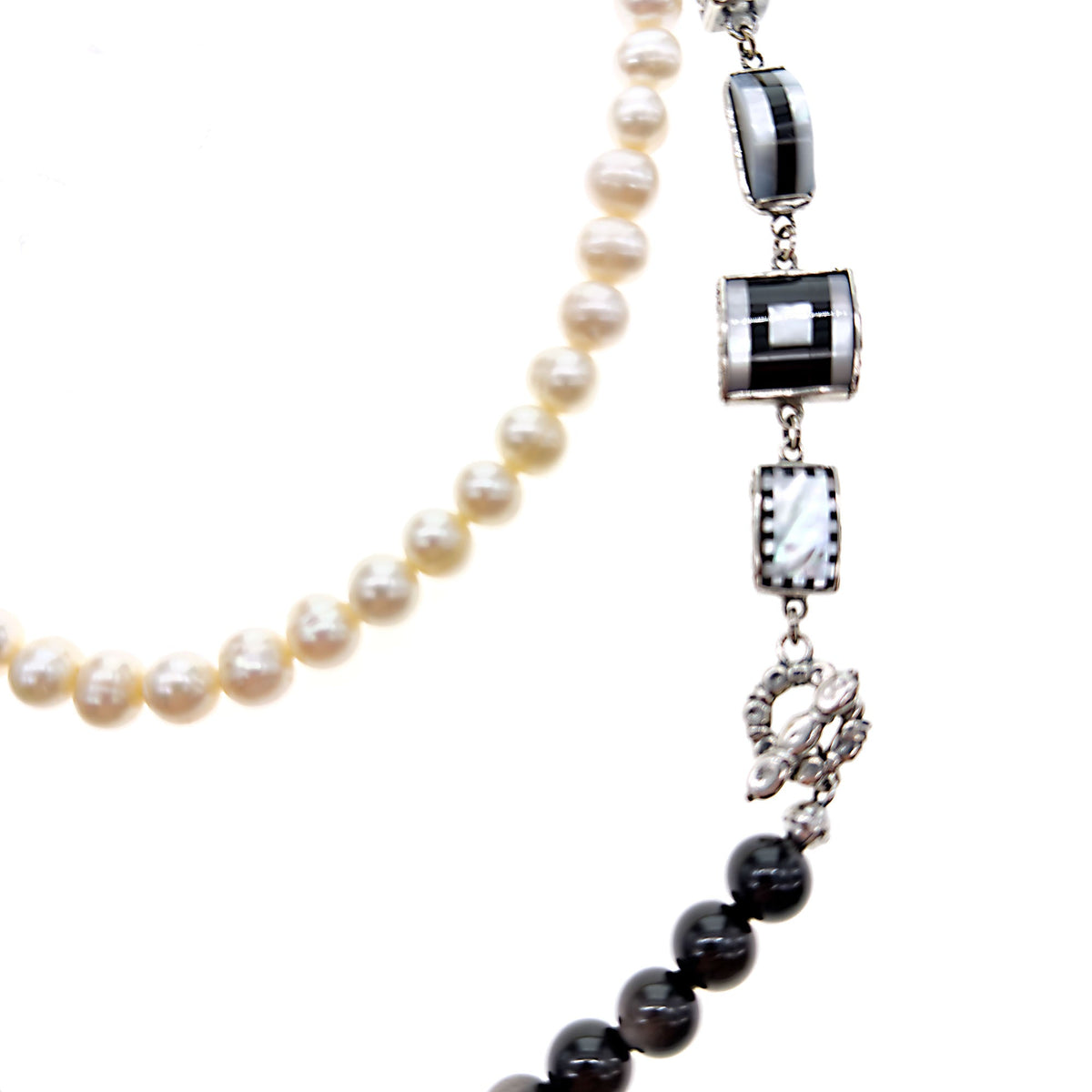 Zwart-Witte Lange Parelketting – Sterling Zilver – Gem Kingdom