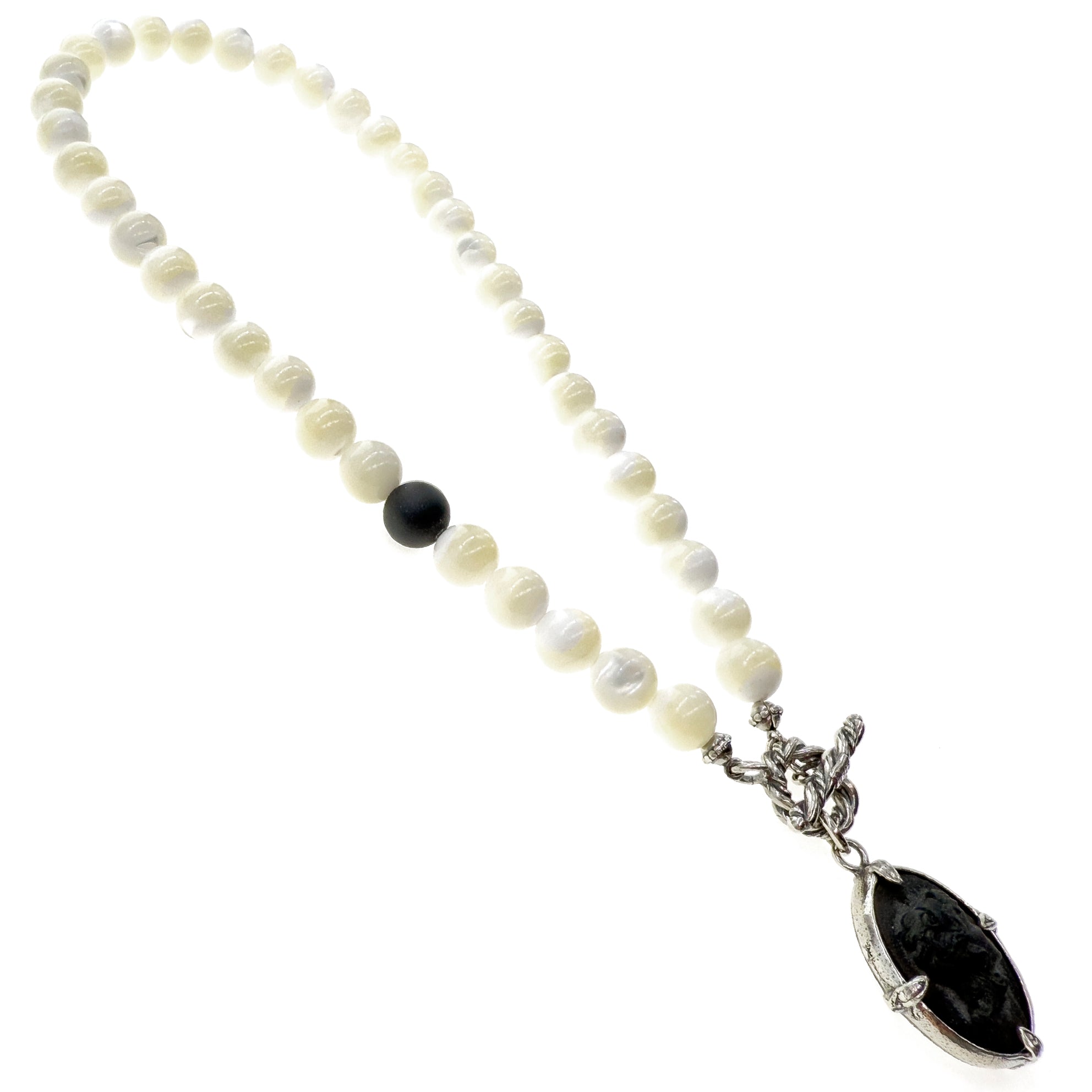 Black Cameo And White Beaded Necklace – Sterling Silver – Gem Kingdom