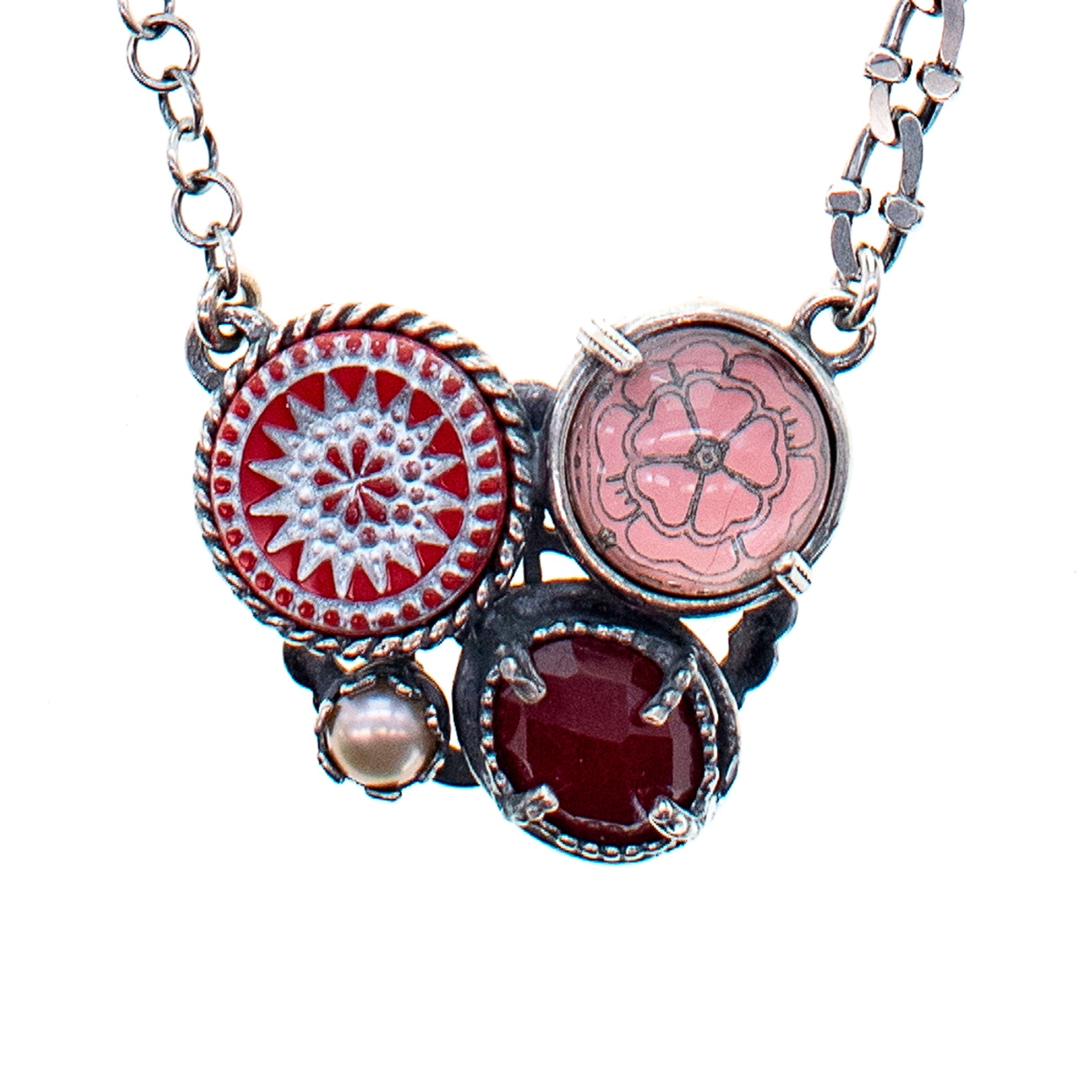 Pink-Red Cluster Necklace – Sterling Silver – Gem Kingdom