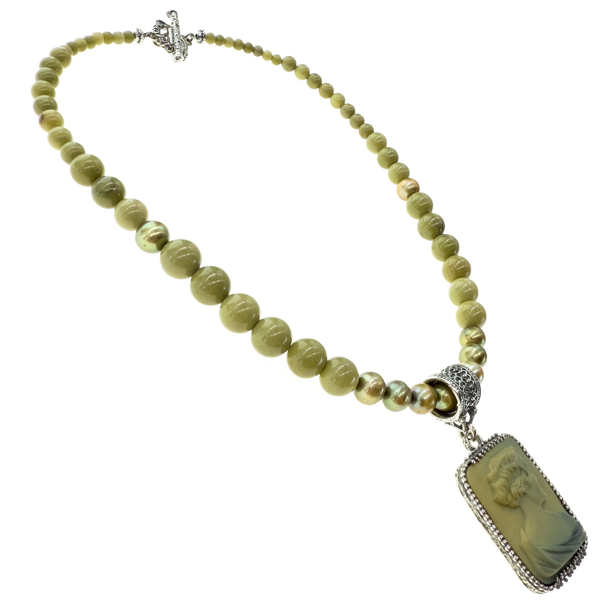 Vintage Cameo Matcha Beaded Pendant Necklace – Sterling Silver – Gem Kingdom