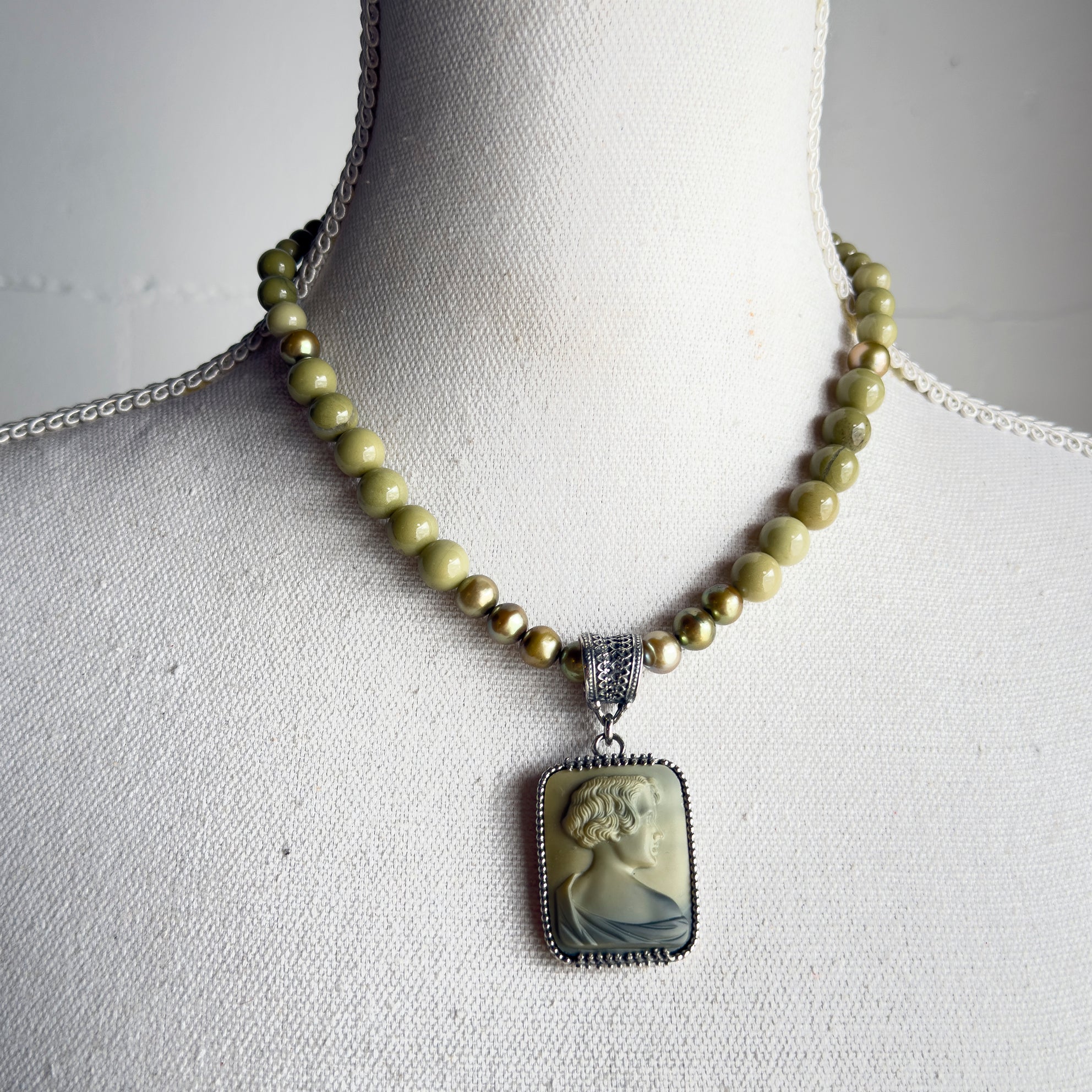 Vintage Cameo Matcha Beaded Pendant Necklace – Sterling Silver – Gem Kingdom