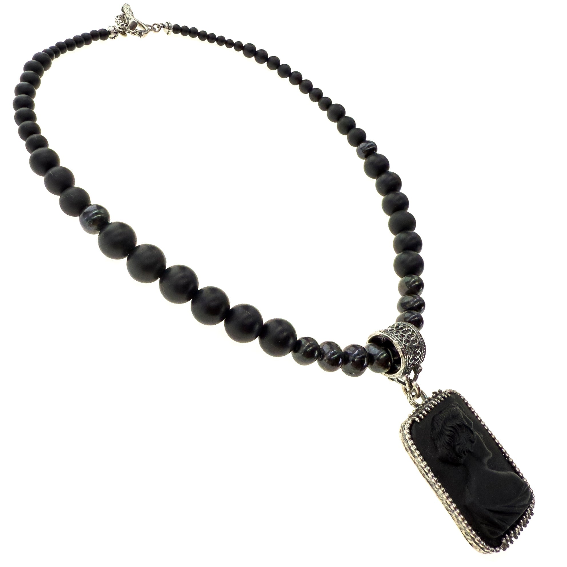 Black Vintage Cameo Beaded Pendant Necklace – Sterling Silver – Gem Kingdom