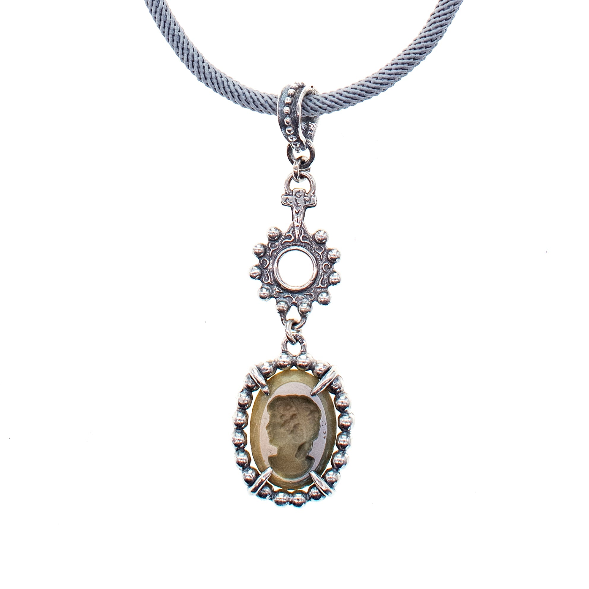 Grey Vintage Cameo Cord Pendant Necklace – Sterling Silver – Gem Kingdom