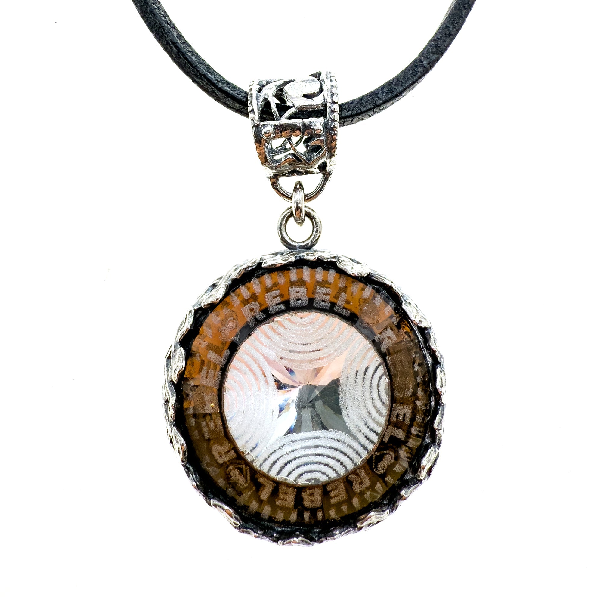 Rebel Rebel Brown Engraved Glass Crystal Necklace – Sterling Silver – Gem Kingdom